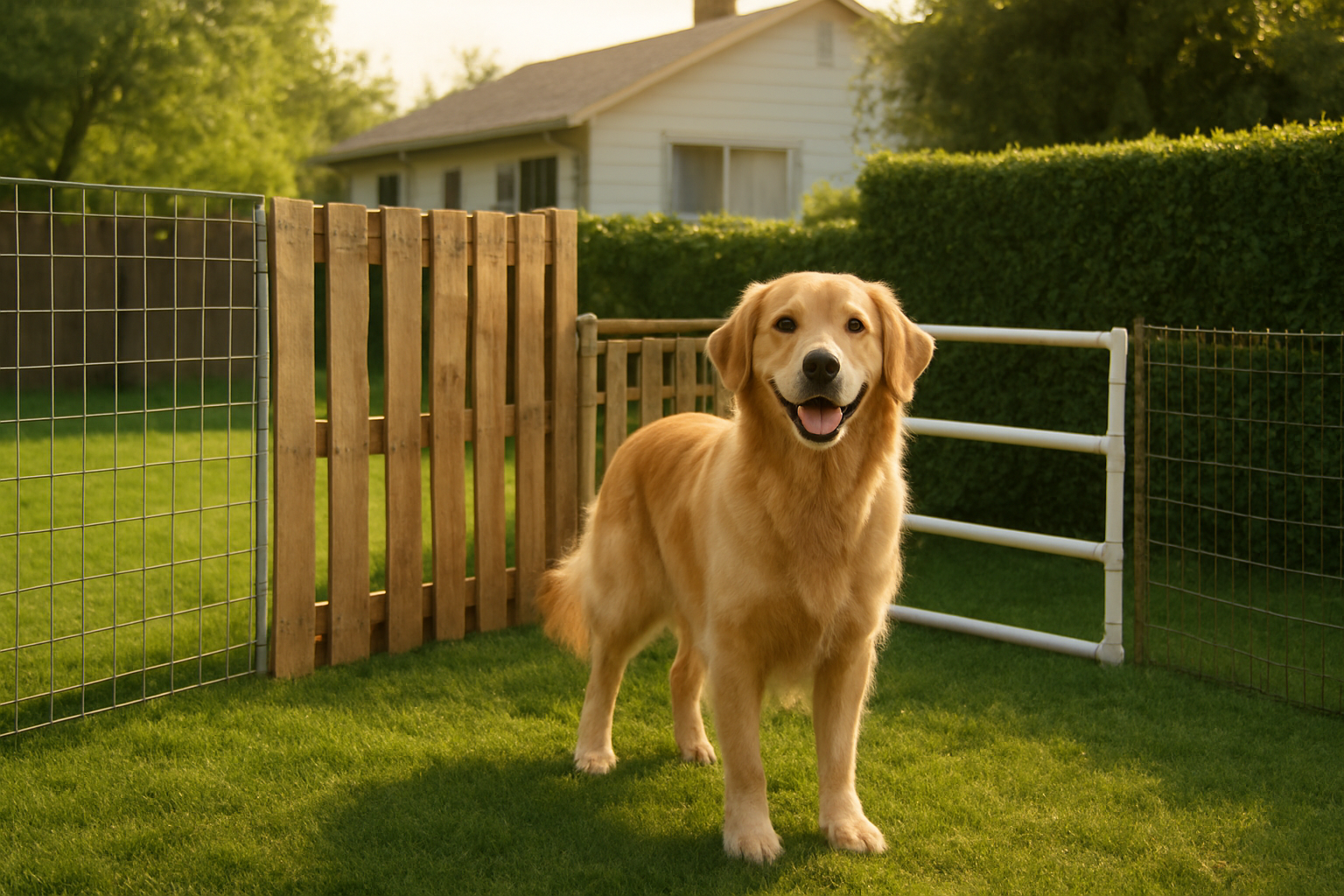 Create a realistic image of a happy golden retriever dog standing safely inside a backyard enclosed by various budget-friendly fencing solutions including wire mesh sections, wooden pallet panels, PVC pipe barriers, and natural hedge elements, with a cozy suburban home visible in the background, warm afternoon sunlight casting gentle shadows across a well-maintained grass lawn, creating a peaceful and secure atmosphere that demonstrates effective yet affordable dog containment solutions, absolutely NO text should be in the scene.