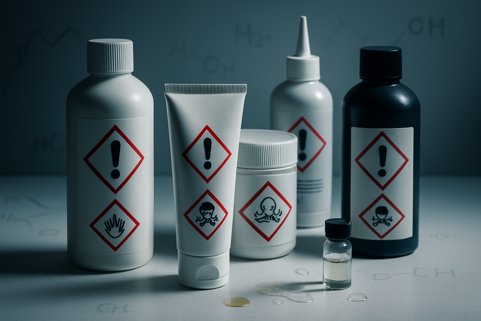 Create a realistic image of a close-up view of various hair straightening chemical products including bottles, tubes, and containers with warning labels and hazard symbols, arranged on a white surface with some chemical formulas subtly visible in the background, dramatic lighting casting shadows to emphasize the serious nature of chemical exposure risks, with a few droplets or small spills of clear and colored liquids near the containers suggesting potential hazardous exposure, clinical and sterile atmosphere with cool lighting. Absolutely NO text should be in the scene.
