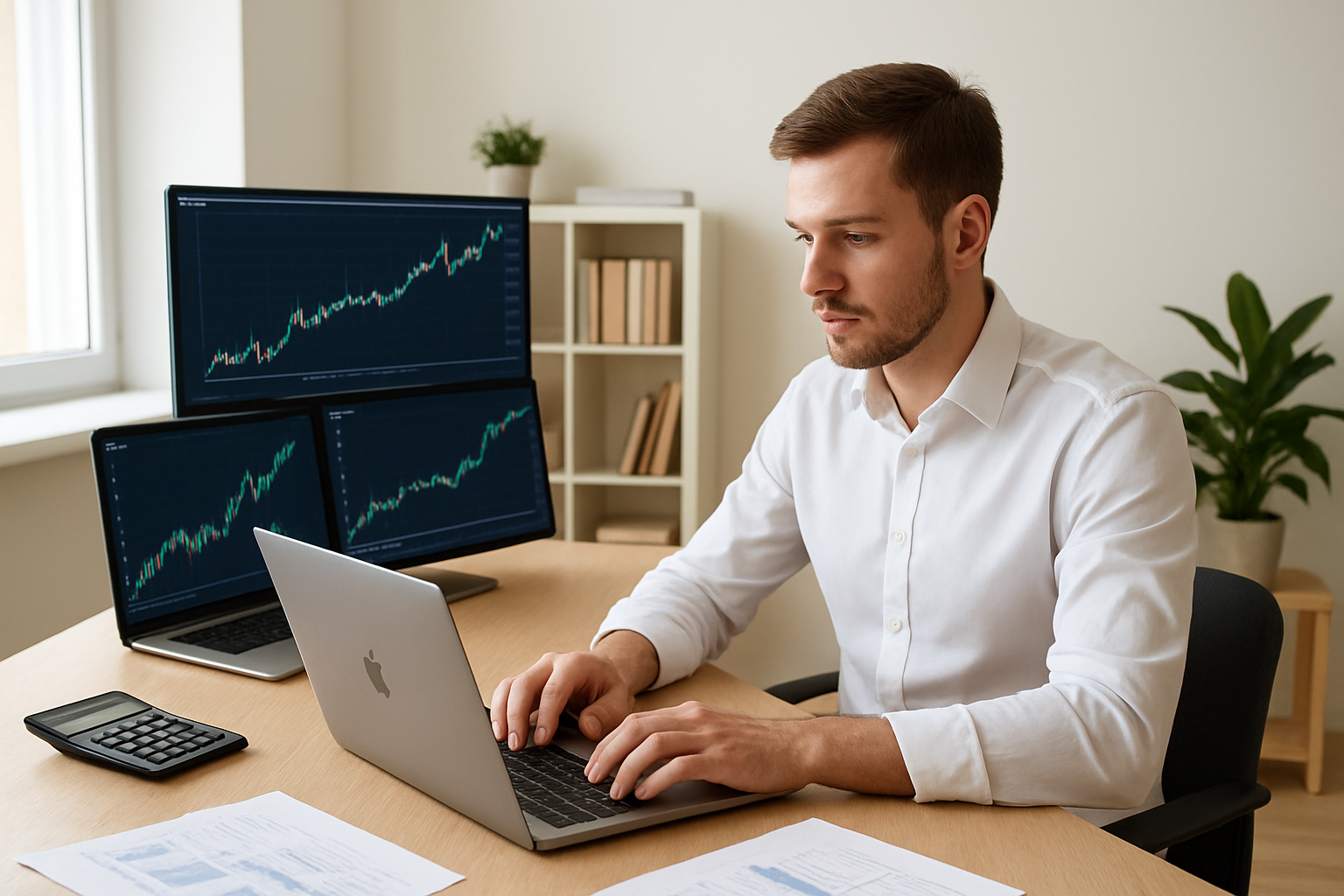 Create a realistic image of a professional home office setup with a white male sitting at a modern desk, working on a sleek Apple MacBook Pro, with multiple monitors displaying financial charts and graphs showing upward growth trends, Apple logo subtly visible on devices, calculator and financial documents on the desk, bright natural lighting from a window, clean minimalist background with bookshelves, potted plants, and a motivational workspace atmosphere suggesting career success and financial growth, absolutely NO text should be in the scene.