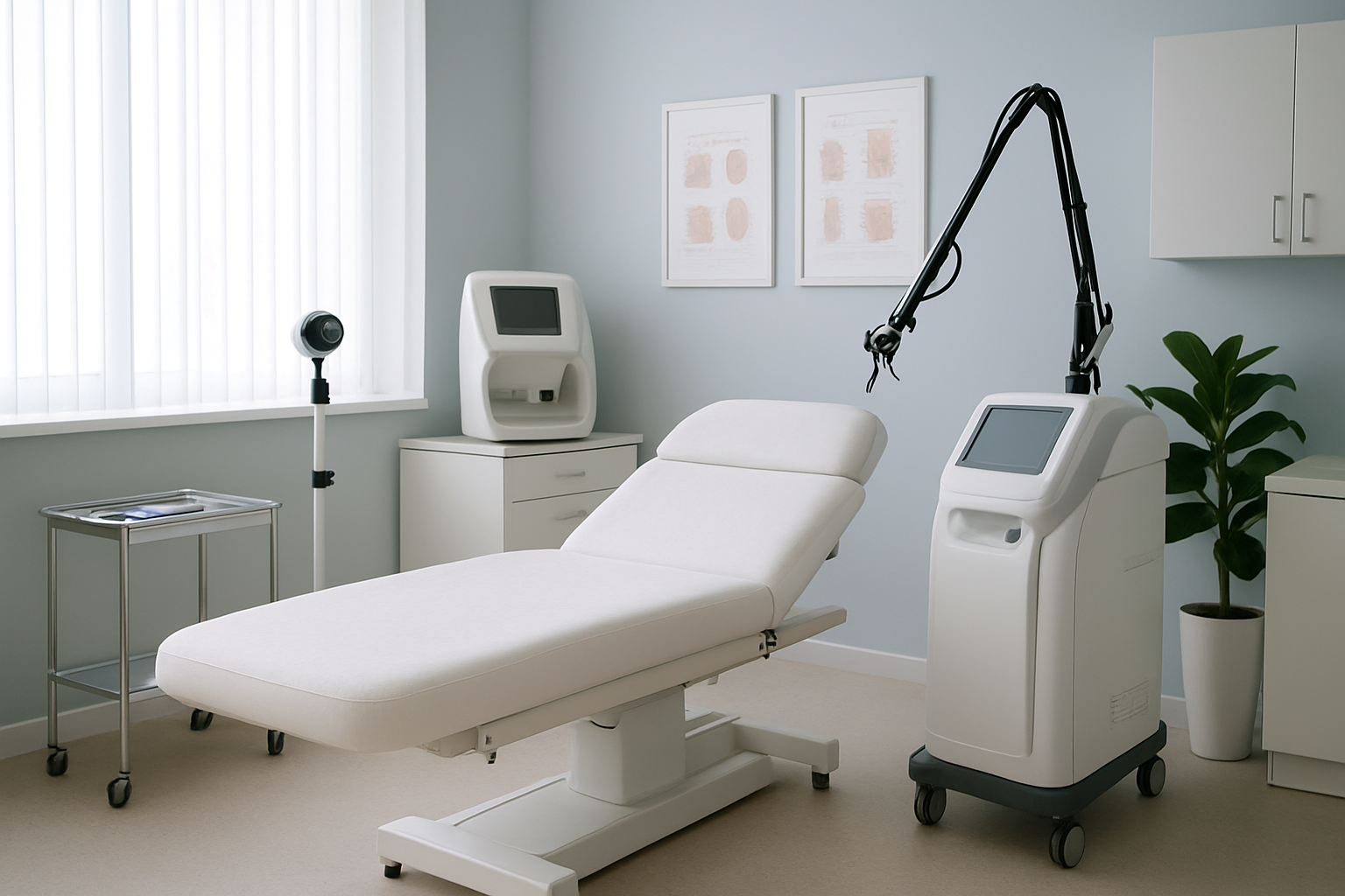 Create a realistic image of a modern, well-lit dermatology clinic treatment room featuring advanced medical equipment including a dermatoscope, laser treatment device, and skincare analysis machine, with a clean white examination bed in the center, sterile medical instruments neatly arranged on a side table, soft natural lighting from large windows, professional medical atmosphere with white and light blue color scheme, potted plants adding warmth to the clinical environment, and medical charts or skin condition references visible on the walls, absolutely NO text should be in the scene.