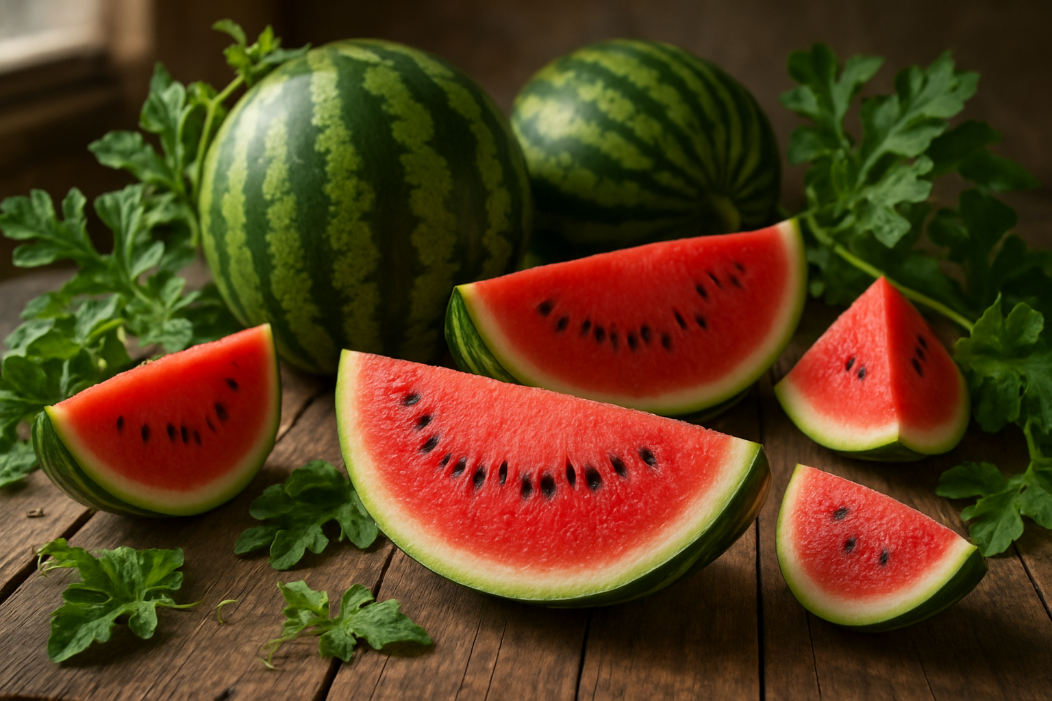 Create a realistic image of fresh whole watermelons and cut watermelon slices arranged on a rustic wooden table, showing the vibrant red flesh with black seeds and green striped rinds, surrounded by watermelon leaves and vines, with soft natural lighting from a window creating gentle shadows, depicting a farm-fresh harvest scene that summarizes the complete knowledge about watermelons, absolutely NO text should be in the scene.