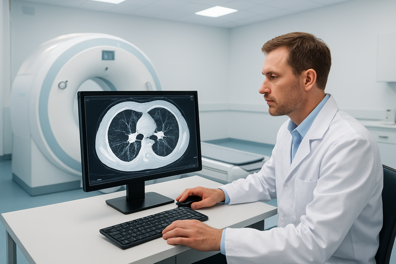 Create a realistic image of a modern HRCT chest scanning machine in a clean, professional medical facility with a white male radiologist in his 40s wearing a white coat examining detailed lung scan images on a high-resolution computer monitor, showing cross-sectional chest imagery with clear lung structures visible on the screen, bright clinical lighting illuminating the advanced CT scanner equipment and medical workstation, sterile hospital environment with white and blue color scheme, absolutely NO text should be in the scene.