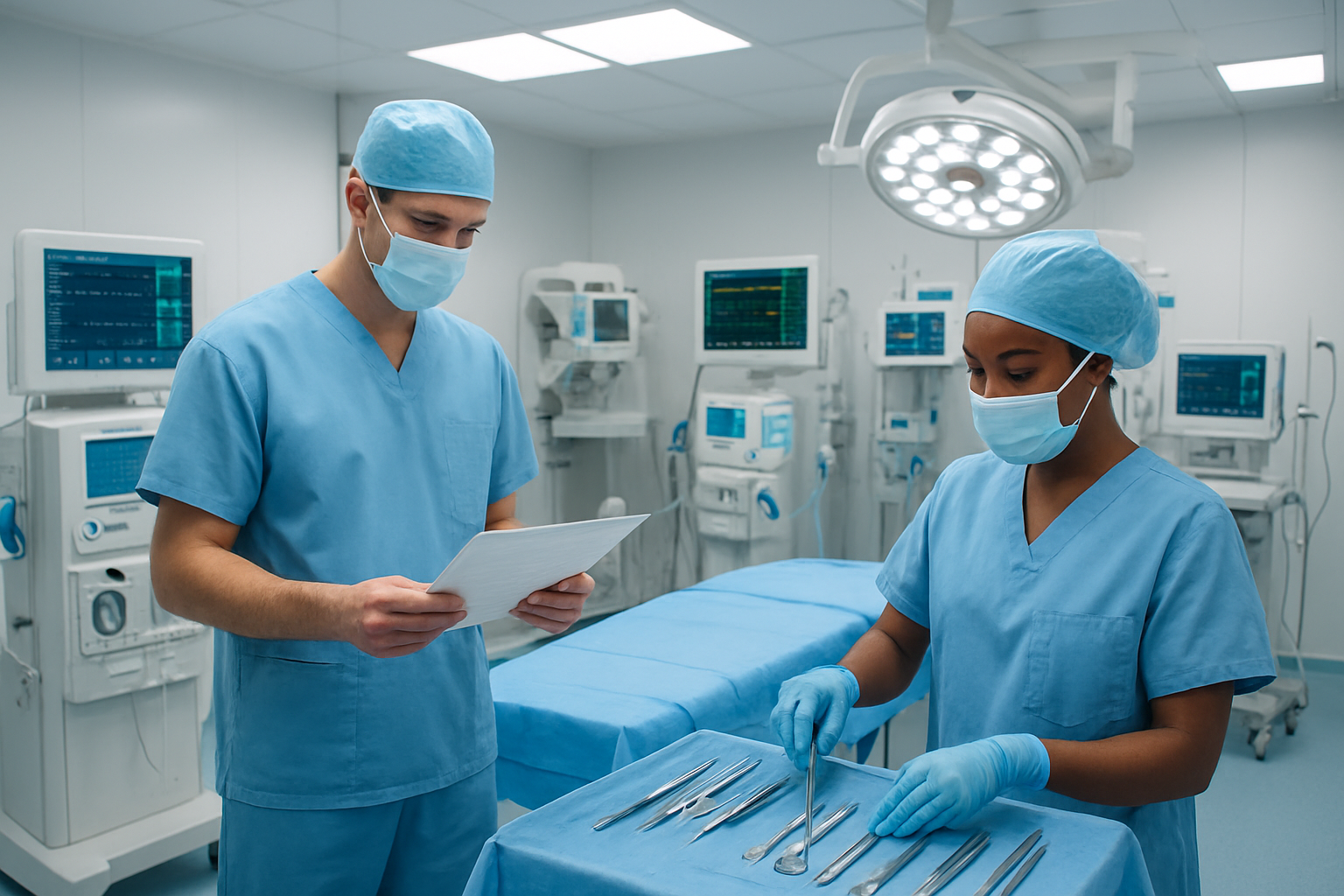 Create a realistic image of a modern hospital surgical suite with advanced medical equipment including dialysis machines and monitoring devices, featuring a white male surgeon in scrubs examining kidney transplant charts while a black female nurse prepares surgical instruments, with sterile white and blue medical environment, bright clinical lighting, clean organized setting that conveys medical excellence and precision, absolutely NO text should be in the scene.