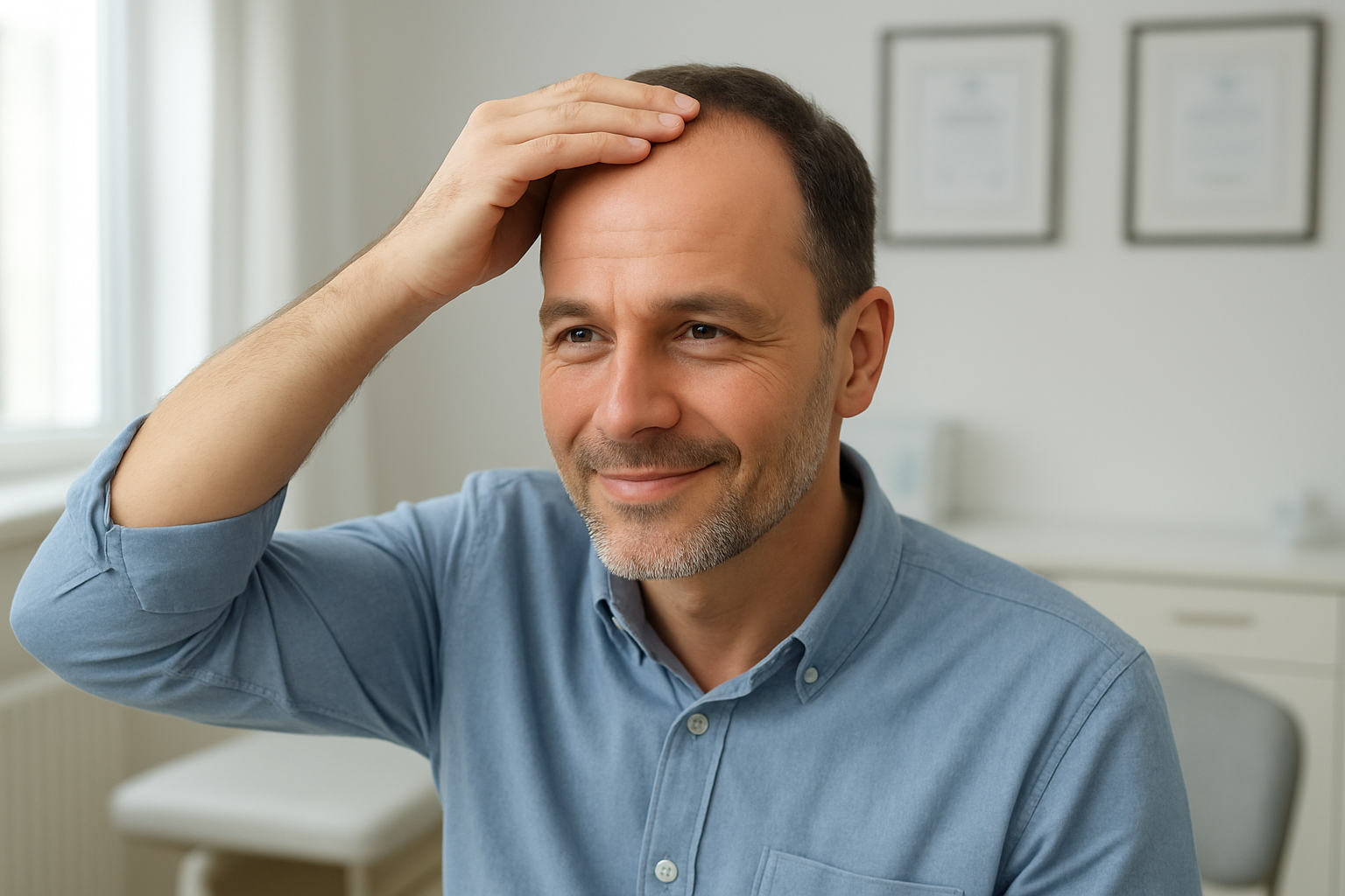 Create a realistic image of a middle-aged white male sitting in a modern medical consultation room, looking confident and satisfied while gently touching his hairline that shows natural-looking transplanted hair growth, with a clean and professional medical office background featuring soft natural lighting from a window, medical certificates on the wall, and a sense of successful treatment completion and hope for the future, absolutely NO text should be in the scene.