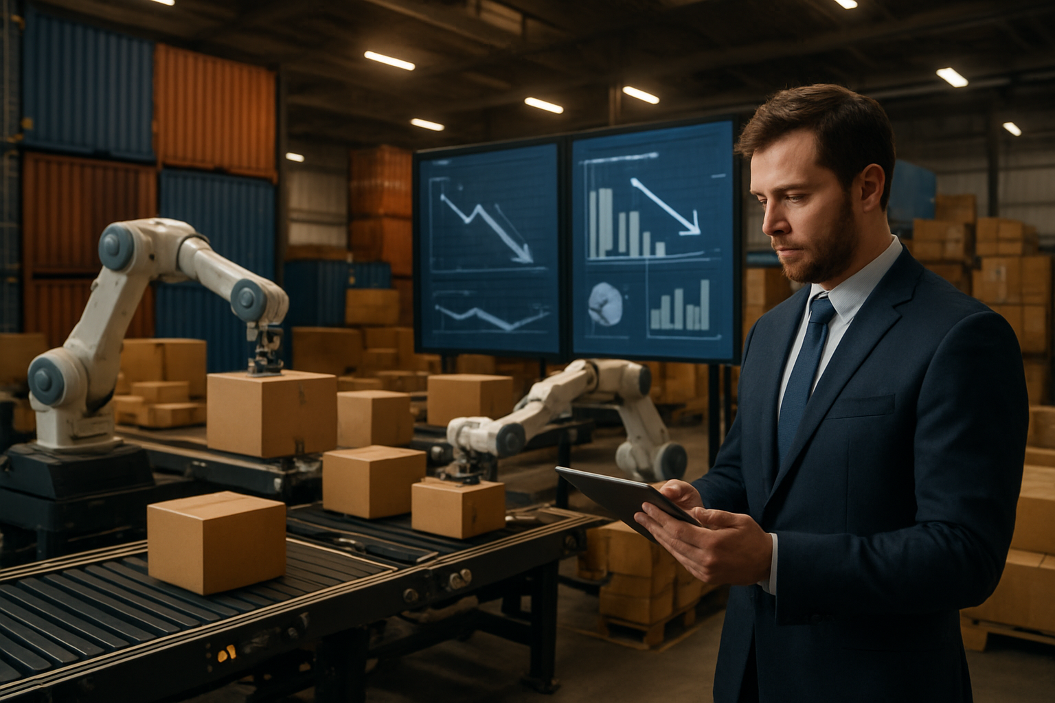Create a realistic image of a modern freight forwarding warehouse with cargo containers and shipping boxes in the background, featuring digital screens displaying cost analytics charts and graphs with downward trending arrows indicating cost reduction, robotic automated systems moving packages, conveyor belts with sensors, a white male logistics manager in business attire analyzing data on a tablet while standing near the automated equipment, warm industrial lighting highlighting the technology integration, creating a professional and efficient atmosphere that demonstrates machine learning optimization in logistics operations, Absolutely NO text should be in the scene.