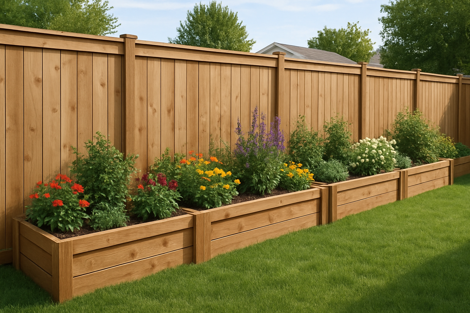 Create a realistic image of a backyard fence with wooden raised planters built along its base, featuring various flowering plants and small shrubs growing in the planters that add height and visual appeal to the fence, with green grass in the foreground, natural daylight illuminating the scene, and a clean residential yard setting in the background, absolutely NO text should be in the scene.