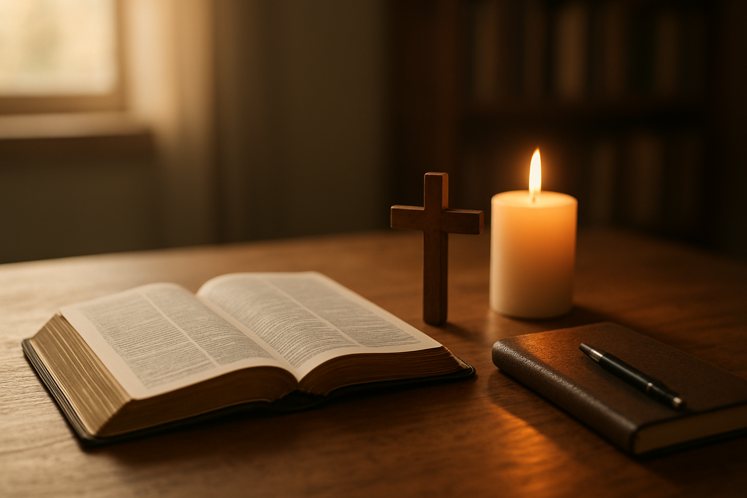 Create a realistic image of a peaceful indoor setting with warm, soft natural lighting streaming through a window, featuring an open Bible on a wooden table alongside a small wooden cross, a lit candle casting gentle shadows, and a journal with a pen resting beside it, with blurred bookshelves in the background creating a serene atmosphere of contemplation and spiritual reflection, shot with shallow depth of field to emphasize the devotional items in the foreground, absolutely NO text should be in the scene.