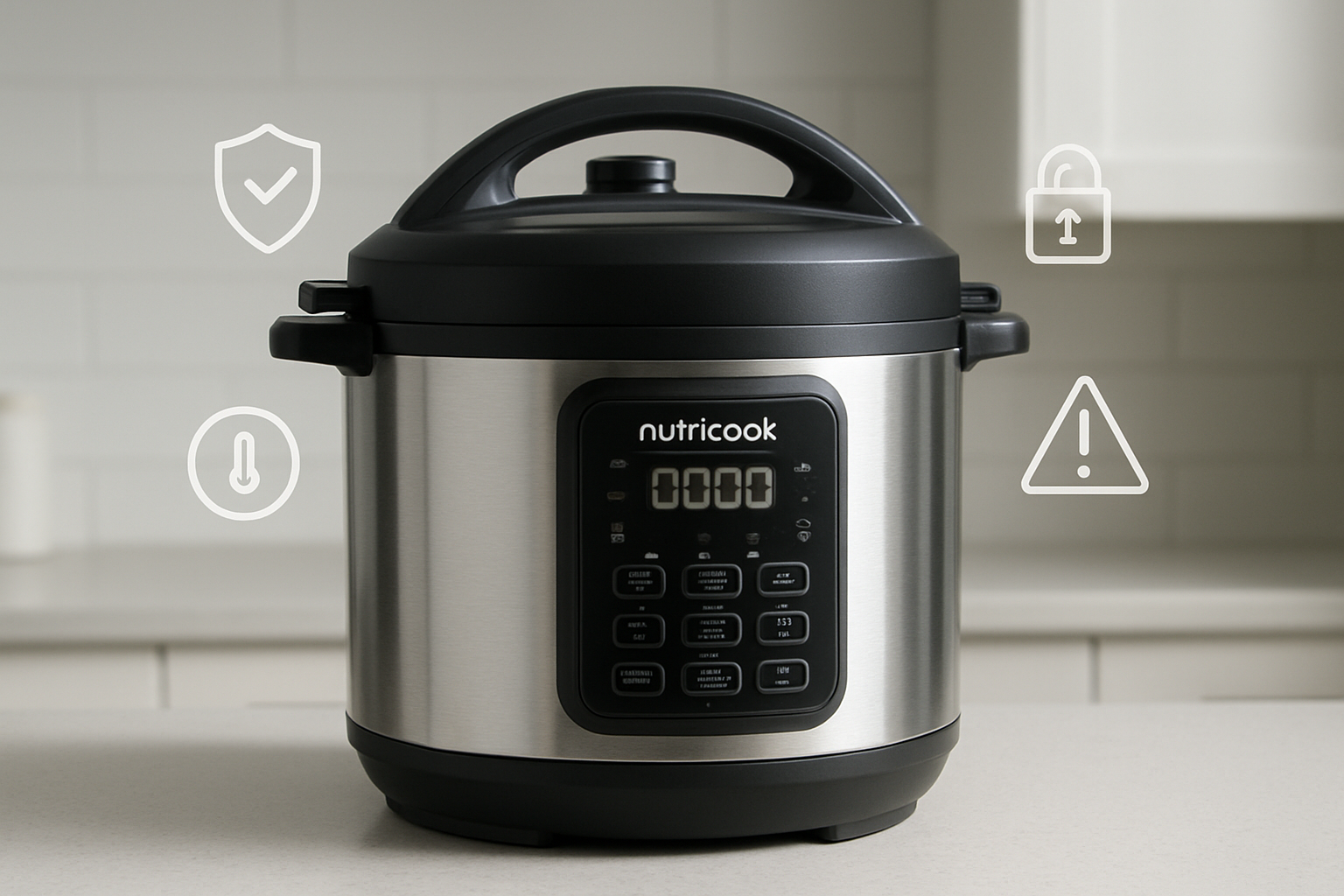 Create a realistic image of a modern Nutricook Smart Pot electric pressure cooker prominently displayed on a clean kitchen counter, with detailed close-up views of its safety features including the pressure release valve, locking lid mechanism, and safety sensors clearly visible, surrounded by safety icons and symbols floating nearby representing protection systems, with soft natural lighting highlighting the appliance's metallic finish and control panel, set against a minimalist white kitchen background with subtle shadows, absolutely NO text should be in the scene.