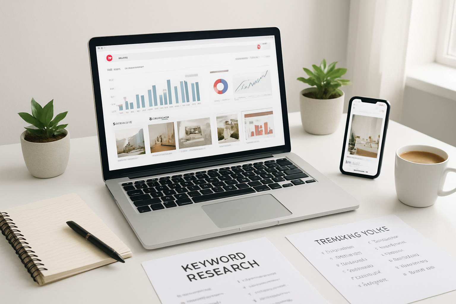 Create a realistic image of a modern workspace featuring a laptop computer displaying Pinterest's interface with visible pin boards and analytics charts, surrounded by SEO strategy elements including a magnifying glass, keyword research notes, and trending topic lists scattered on a clean white desk, with soft natural lighting coming from a window, complemented by a smartphone showing Pinterest mobile app, small potted plants, and a coffee cup, all arranged to convey digital marketing productivity and strategic planning for social media optimization. Absolutely NO text should be in the scene.