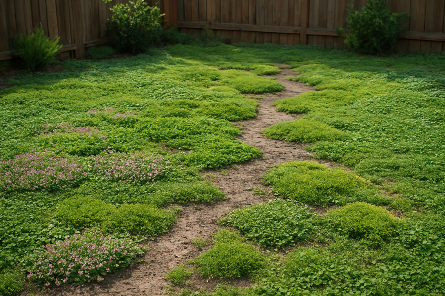 Create a realistic image of a dog-friendly backyard featuring various hardy ground cover plants like creeping thyme, clover, and moss growing in patches across the yard, with visible wear patterns and pathways showing how dogs have trafficked through the area, surrounded by a wooden fence, under natural daylight with soft shadows, demonstrating resilient landscaping alternatives to grass that can handle pet activity, absolutely NO text should be in the scene.