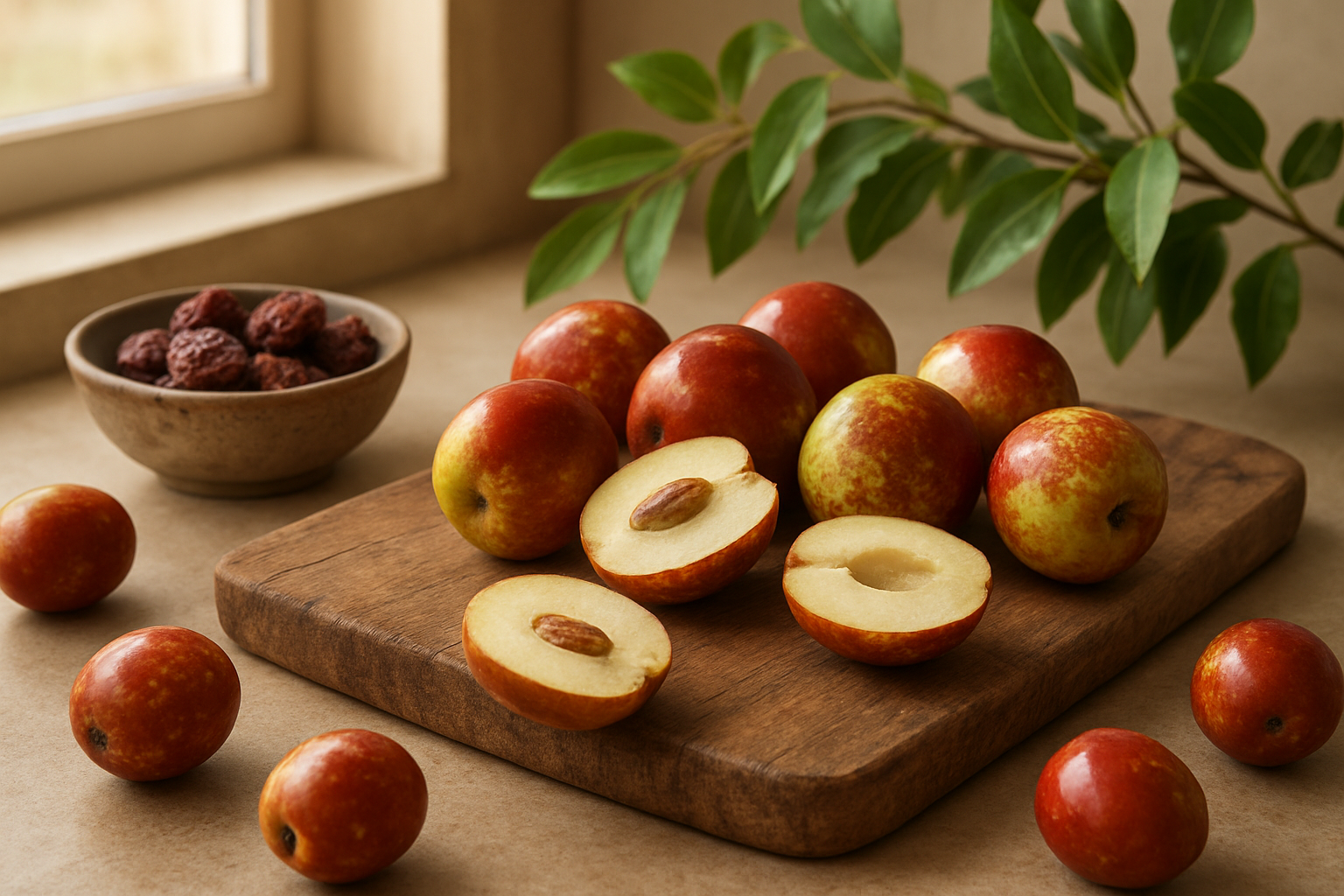 Create a realistic image of fresh jujube fruits arranged on a rustic wooden cutting board with some whole fruits and others cut in half to show the interior, scattered around a kitchen counter with soft natural lighting from a nearby window, including a small bowl of dried jujubes and fresh jujube tree branches with leaves in the background, warm and inviting atmosphere suggesting completion of learning about this nutritious fruit, absolutely NO text should be in the scene.
