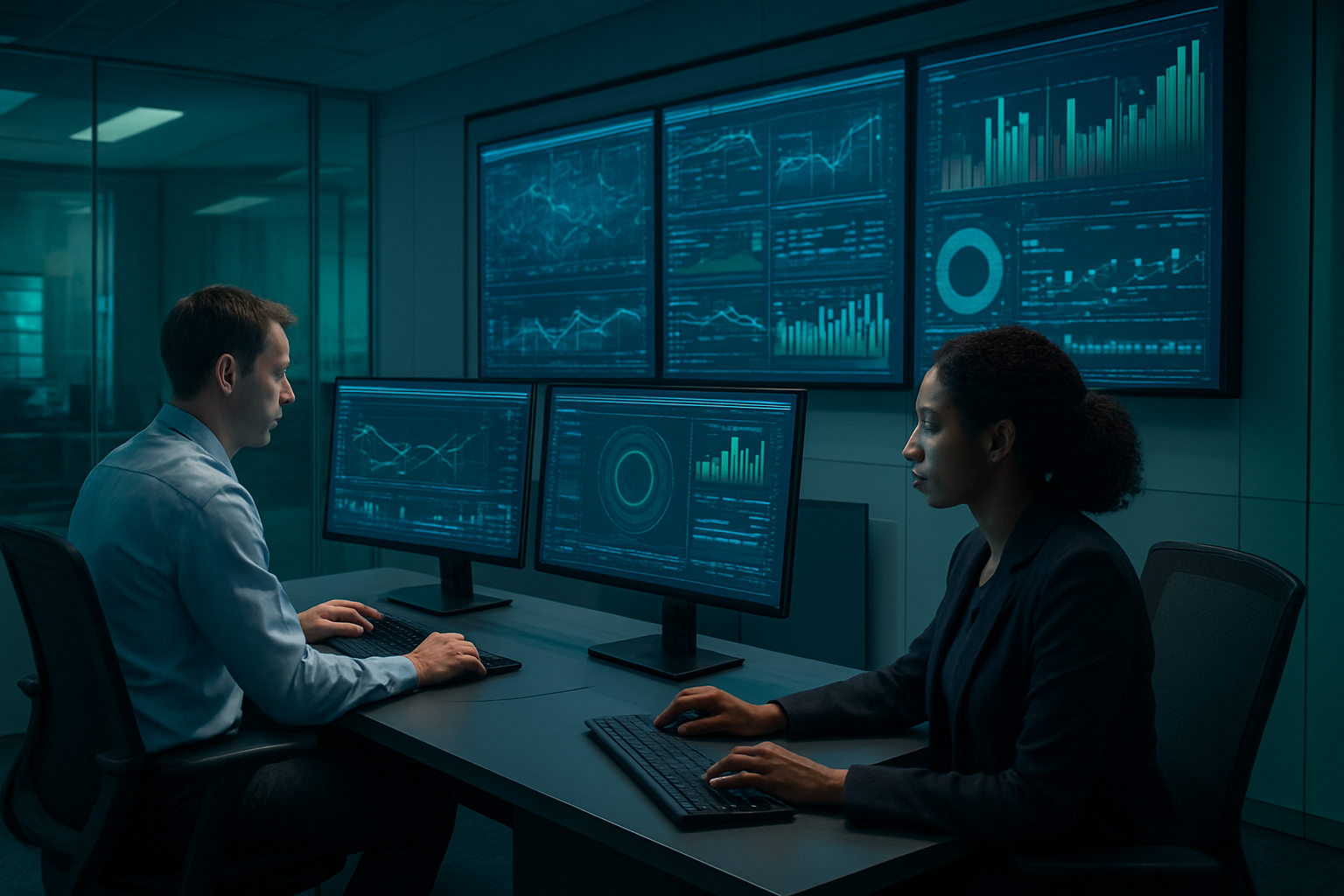 Create a realistic image of a modern banking operations center with multiple large wall-mounted screens displaying complex data visualizations, risk analytics dashboards, and AI-powered monitoring systems, featuring sleek computer workstations with sophisticated interfaces, a white male analyst and a black female data scientist working at advanced terminals analyzing risk patterns, ambient blue and green lighting from the screens creating a high-tech atmosphere, clean minimalist interior design with glass partitions, the scene conveying advanced technology and precision in financial risk management, Absolutely NO text should be in the scene.