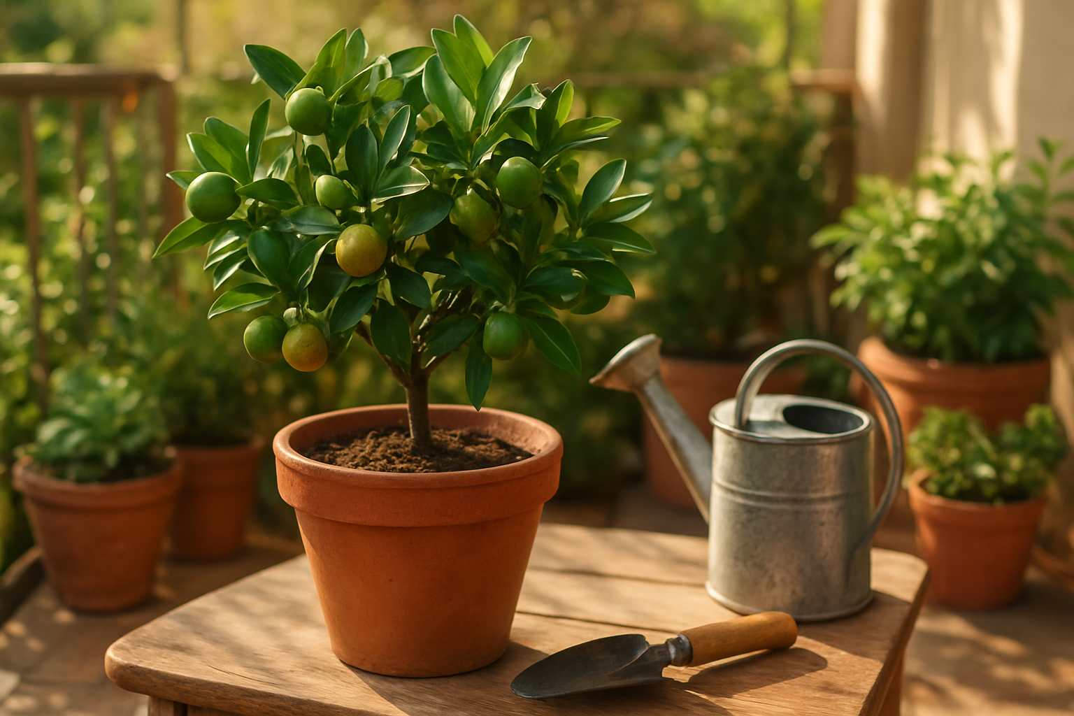 Create a realistic image of a thriving calamansi tree in a terracotta pot placed on a sunny home patio or balcony, with bright green glossy leaves and small round orange-green calamansi fruits hanging from the branches, surrounded by other potted plants and gardening tools like a watering can and small hand trowel on a wooden table, with natural sunlight streaming through creating a warm and inviting home gardening atmosphere, absolutely NO text should be in the scene.