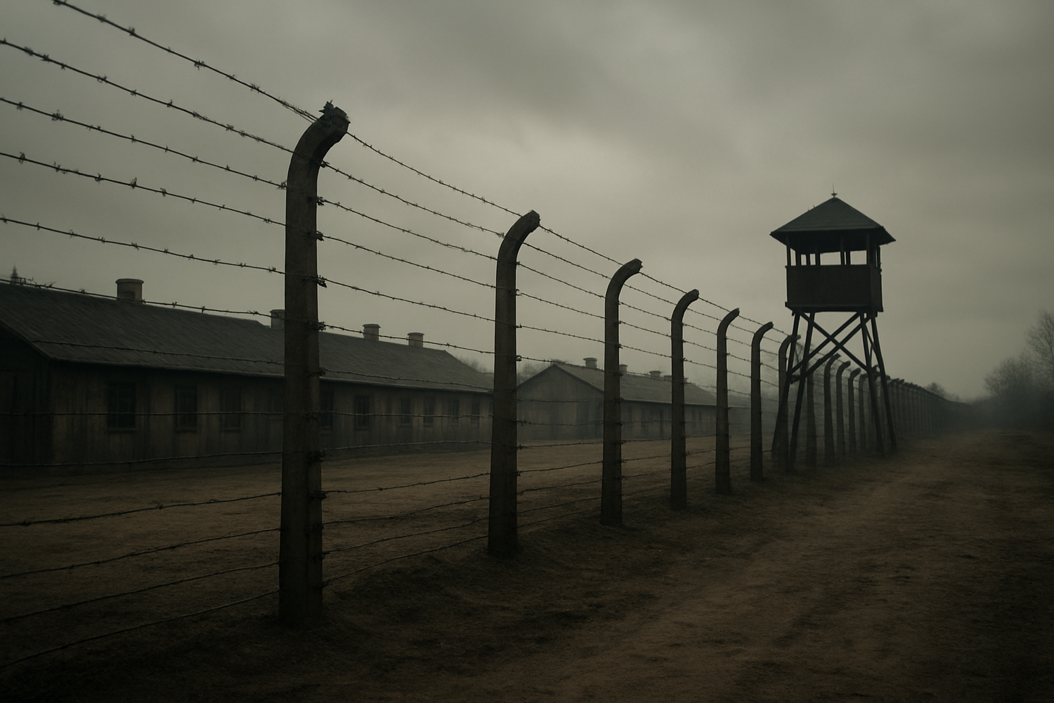Create a realistic image of a somber concentration camp scene with weathered barracks buildings in the background, barbed wire fences, and a watchtower silhouetted against an overcast gray sky, with bare ground and a sense of historical weight and resilience, photographed in muted tones with soft, diffused lighting that conveys both the darkness of the Holocaust experience and a subtle sense of hope emerging from human endurance, absolutely NO text should be in the scene.