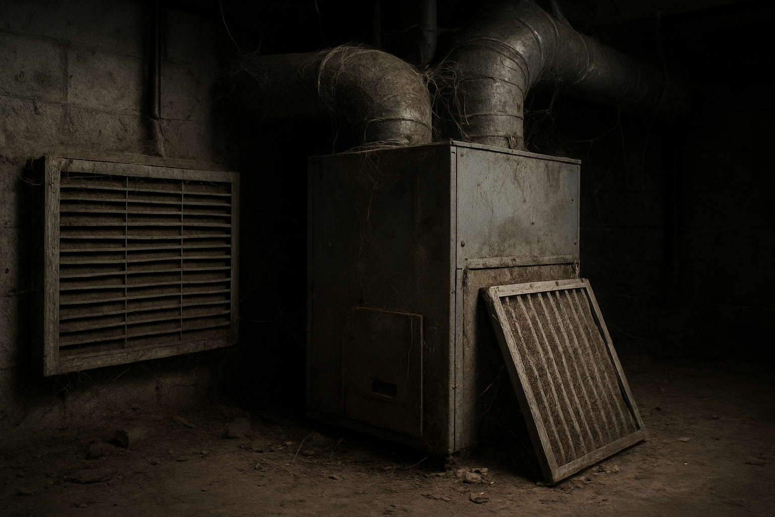 Create a realistic image of a neglected home heating system with visible dust accumulation on vents, a dirty furnace filter, cobwebs around heating equipment, scattered debris near a furnace or heating unit, dim basement or utility room lighting creating shadows, worn and potentially damaged heating components, and warning signs of poor maintenance that could lead to fire hazards, with a somber and concerning mood emphasizing the dangerous condition of the equipment, absolutely NO text should be in the scene.