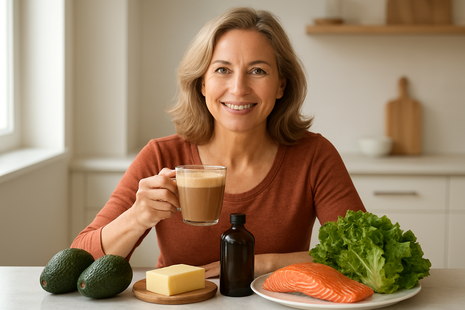 Create a realistic image of a vibrant middle-aged white female with glowing healthy skin and radiant appearance sitting at a modern kitchen counter, surrounded by bulletproof keto foods like avocados, grass-fed butter, MCT oil bottle, wild-caught salmon, and leafy greens, with soft natural lighting streaming through a window creating a warm and optimistic atmosphere, showing her looking confident and energized while holding a glass of bulletproof coffee, with a clean minimalist kitchen background featuring white countertops and wooden accents, conveying a sense of achievement and successful health transformation, absolutely NO text should be in the scene.