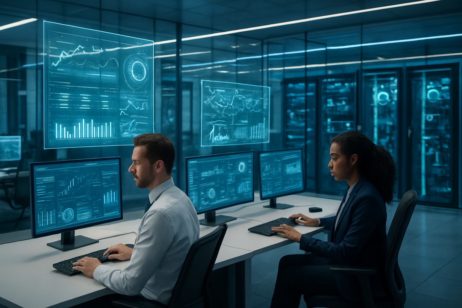 Create a realistic image of a modern banking operations center showing the transformation through AI technology, featuring a sleek open-plan office with multiple workstations displaying advanced analytics dashboards and real-time data visualizations on large monitors, white male and black female banking professionals working collaboratively at computers with AI-powered interfaces, robotic process automation systems visible through glass-walled server rooms in the background, holographic data projections floating above desks showing fraud detection patterns and risk assessment charts, contemporary glass and steel architecture with blue and white LED lighting creating a high-tech atmosphere, clean minimalist design with digital screens replacing traditional paper workflows, conveying innovation and efficiency in financial services operations, absolutely NO text should be in the scene.