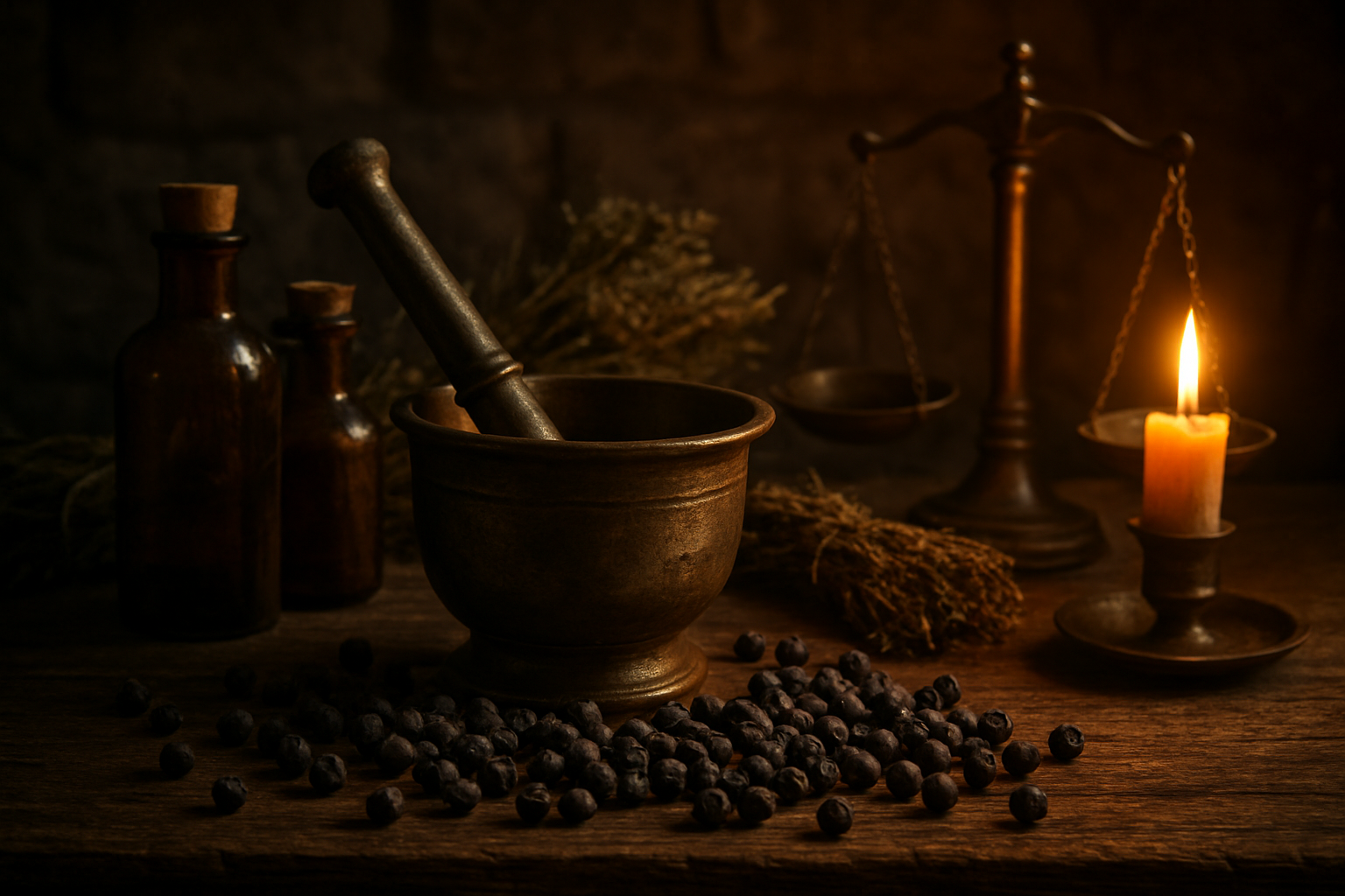 Create a realistic image of ancient juniper berries scattered on a weathered wooden table alongside traditional medicinal tools including a brass mortar and pestle, old glass apothecary bottles with cork stoppers, dried herb bundles, and vintage brass scales, with warm golden candlelight casting soft shadows across the scene in a dimly lit medieval apothecary shop setting with stone walls visible in the background, absolutely NO text should be in the scene.