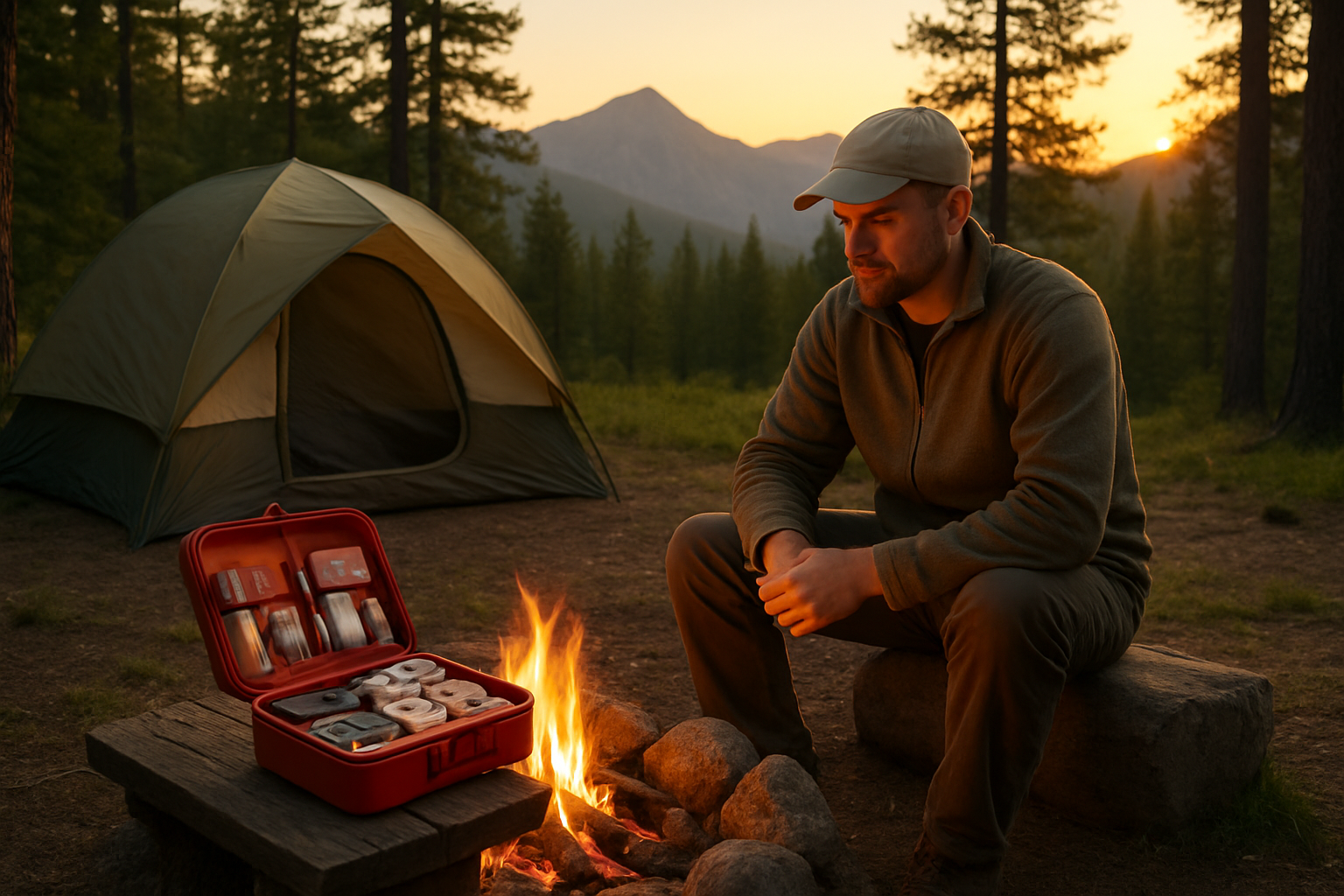 Create a realistic image of a peaceful camping scene at golden hour showing a white male camper sitting safely by a campfire next to his tent, with a well-organized first aid kit open beside him on a wooden camp table, surrounded by pine trees and mountains in the background, conveying a sense of preparedness and safety in the wilderness, with warm evening lighting casting a calm and secure atmosphere over the campsite. Absolutely NO text should be in the scene.