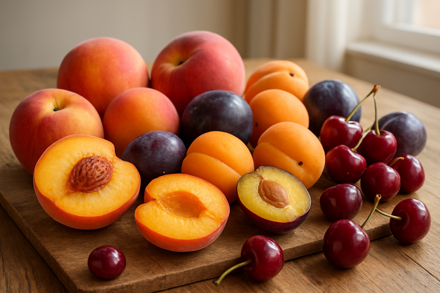 Create a realistic image of an abundant display of fresh stone fruits including peaches, plums, apricots, and cherries arranged on a rustic wooden table or cutting board, with some fruits whole and others cut in half to showcase their vibrant flesh and pits, natural daylight streaming from a window creating soft shadows, clean kitchen or dining room background with neutral tones, emphasizing the natural colors and textures of the fruits with their fuzzy peach skin, smooth plum surfaces, and glossy cherries, some scattered around naturally to create an organic, appetizing arrangement that highlights their nutritious appeal, absolutely NO text should be in the scene.