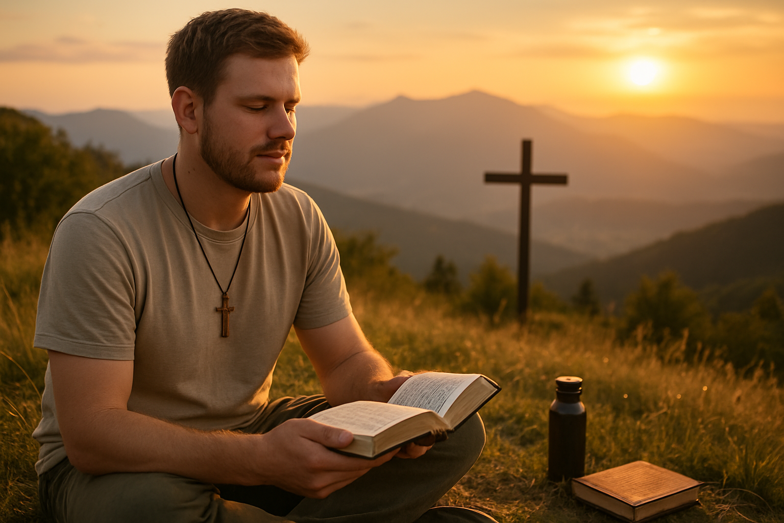 Create a realistic image of a white male Christian sitting peacefully in a serene outdoor setting during golden hour, holding an open Bible while overlooking a beautiful mountain landscape, with a wooden cross pendant visible around his neck, surrounded by elements suggesting spiritual retreat such as a journal and water bottle nearby, warm sunset lighting creating a contemplative and faith-inspiring atmosphere. Absolutely NO text should be in the scene.