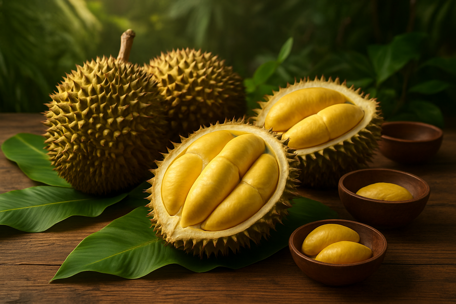 Create a realistic image of a beautifully arranged durian fruit display featuring whole spiky durian fruits and opened durian with creamy yellow flesh segments artistically placed on a rustic wooden table, surrounded by tropical Southeast Asian elements like banana leaves and small traditional wooden bowls, with soft natural lighting creating warm shadows, set against a blurred background of lush green tropical foliage, conveying a sense of exotic culinary discovery and cultural richness, absolutely NO text should be in the scene.