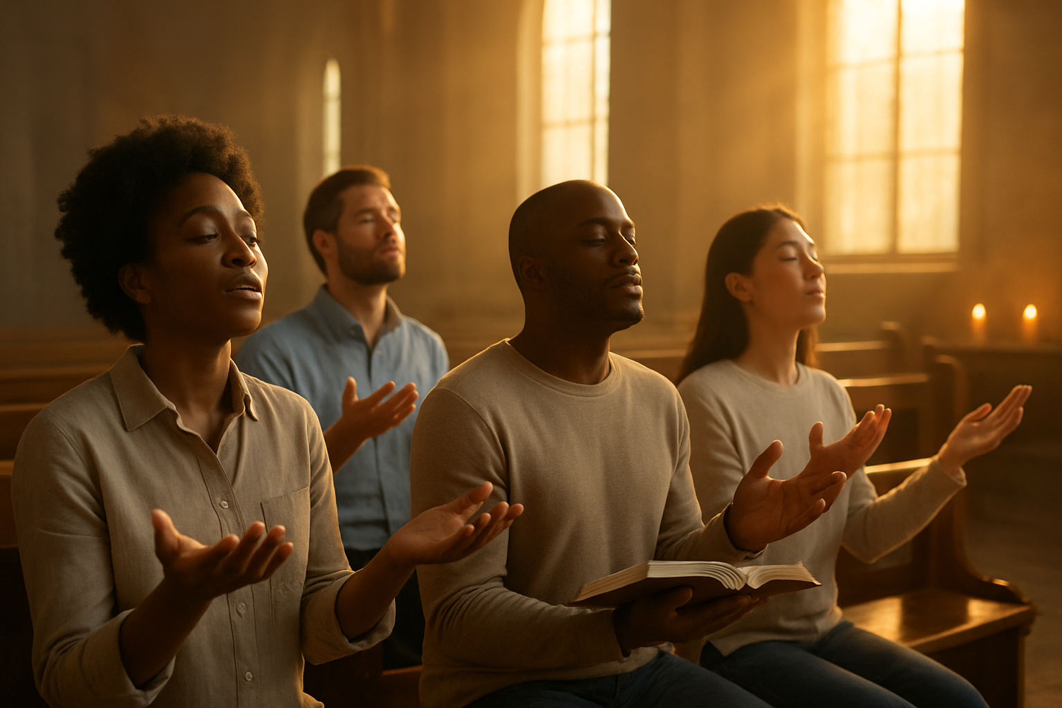 Create a realistic image of diverse people of different races and genders kneeling in prayer with open hands reaching upward in a gesture of receiving, surrounded by warm golden sunlight streaming through tall windows of a peaceful chapel, with wooden pews and soft candlelight creating an atmosphere of reverence and spiritual connection, some individuals holding open Bibles while others have their eyes closed in contemplation, the scene conveying acceptance and embrace of divine blessings with serene expressions on their faces, absolutely NO text should be in the scene.