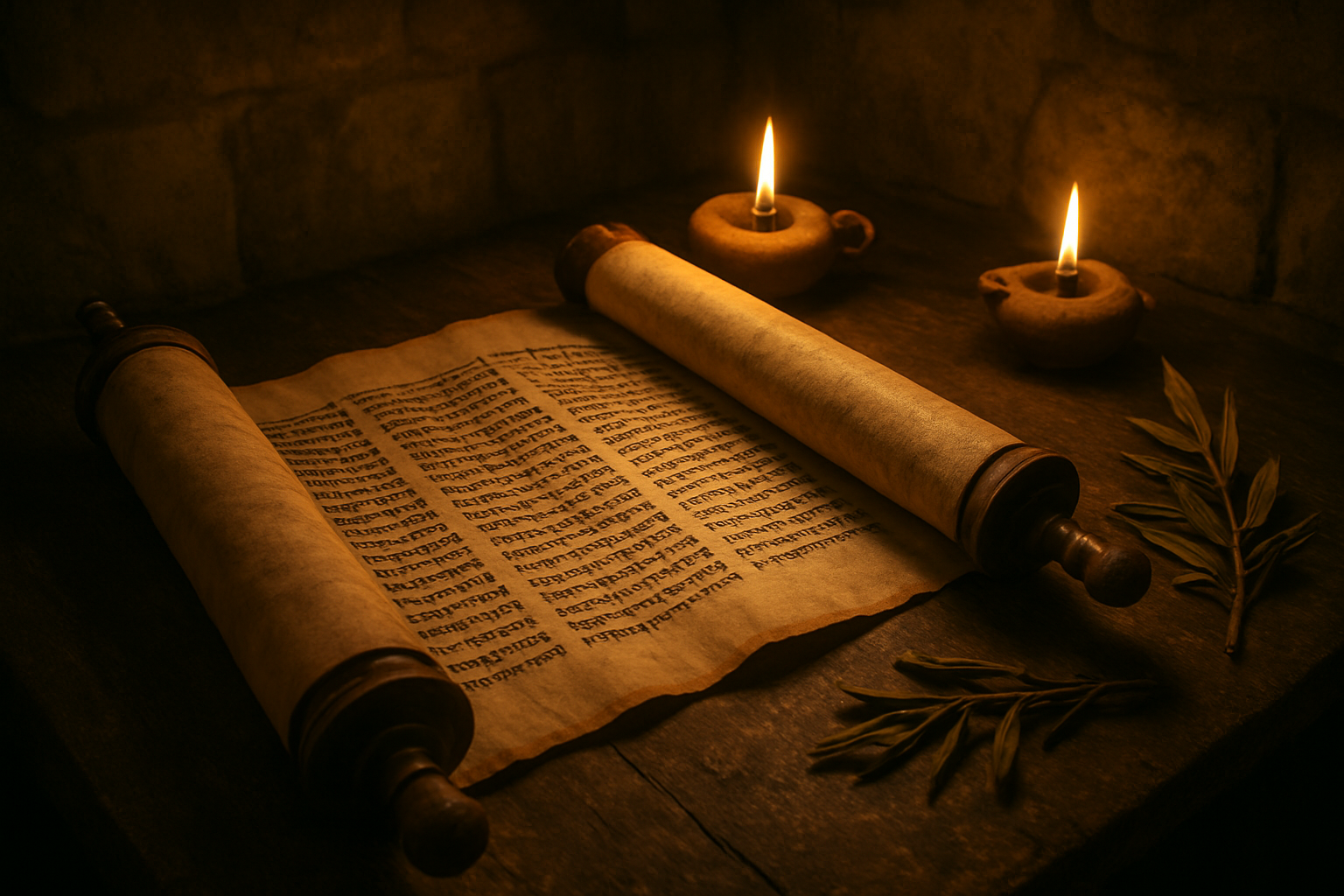 Create a realistic image of an ancient Hebrew scroll of Psalms laid open on a wooden table, with ornate calligraphy visible on aged parchment, surrounded by soft candlelight casting warm golden shadows, with a few dried olive branches and ancient clay oil lamps nearby, creating a reverent scholarly atmosphere in a dimly lit stone chamber with weathered walls, absolutely NO text should be in the scene.