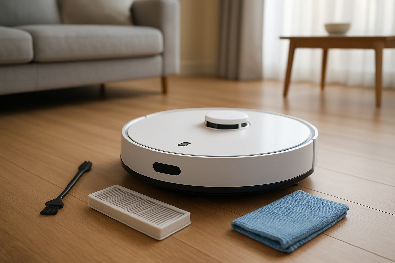 Create a realistic image of a modern smart robot vacuum cleaner positioned on a clean hardwood floor next to maintenance accessories including a cleaning brush, replacement filter, and microfiber cloth, with a subtle home interior background featuring contemporary furniture, soft natural lighting from a window, and a calm organized atmosphere that conveys proper care and maintenance, absolutely NO text should be in the scene.