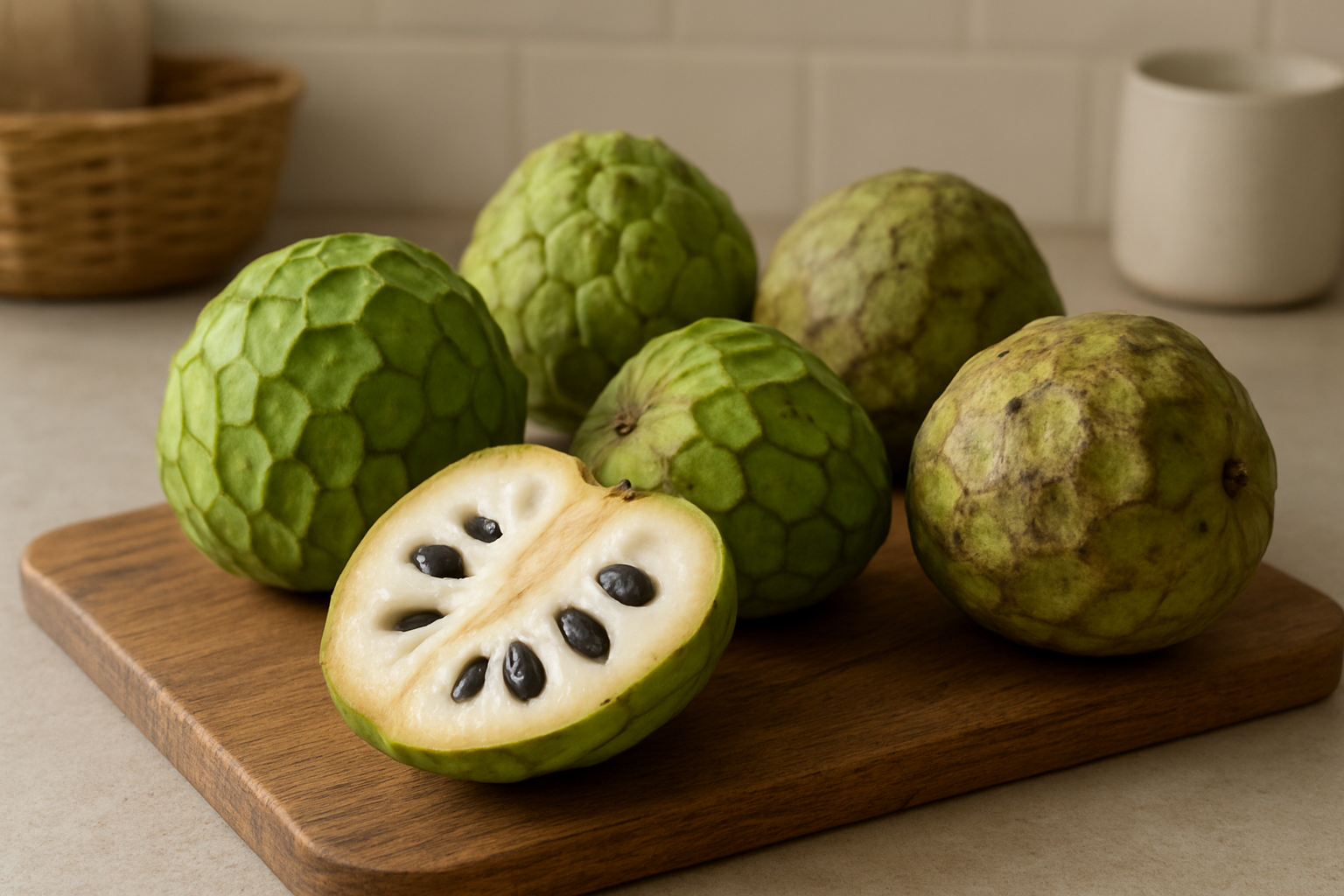 Create a realistic image of perfectly ripe cherimoyas with their distinctive heart-shaped form and green scaly skin displayed on a rustic wooden cutting board, with one cherimoya cut open revealing its creamy white flesh and dark seeds, alongside a few whole cherimoyas at different stages of ripeness showing varying skin colors from bright green to slightly darker green with brown patches, gentle natural lighting from a window creating soft shadows, clean kitchen counter background with subtle fruit storage elements like a woven basket, warm and inviting atmosphere that conveys freshness and proper fruit handling techniques, absolutely NO text should be in the scene.