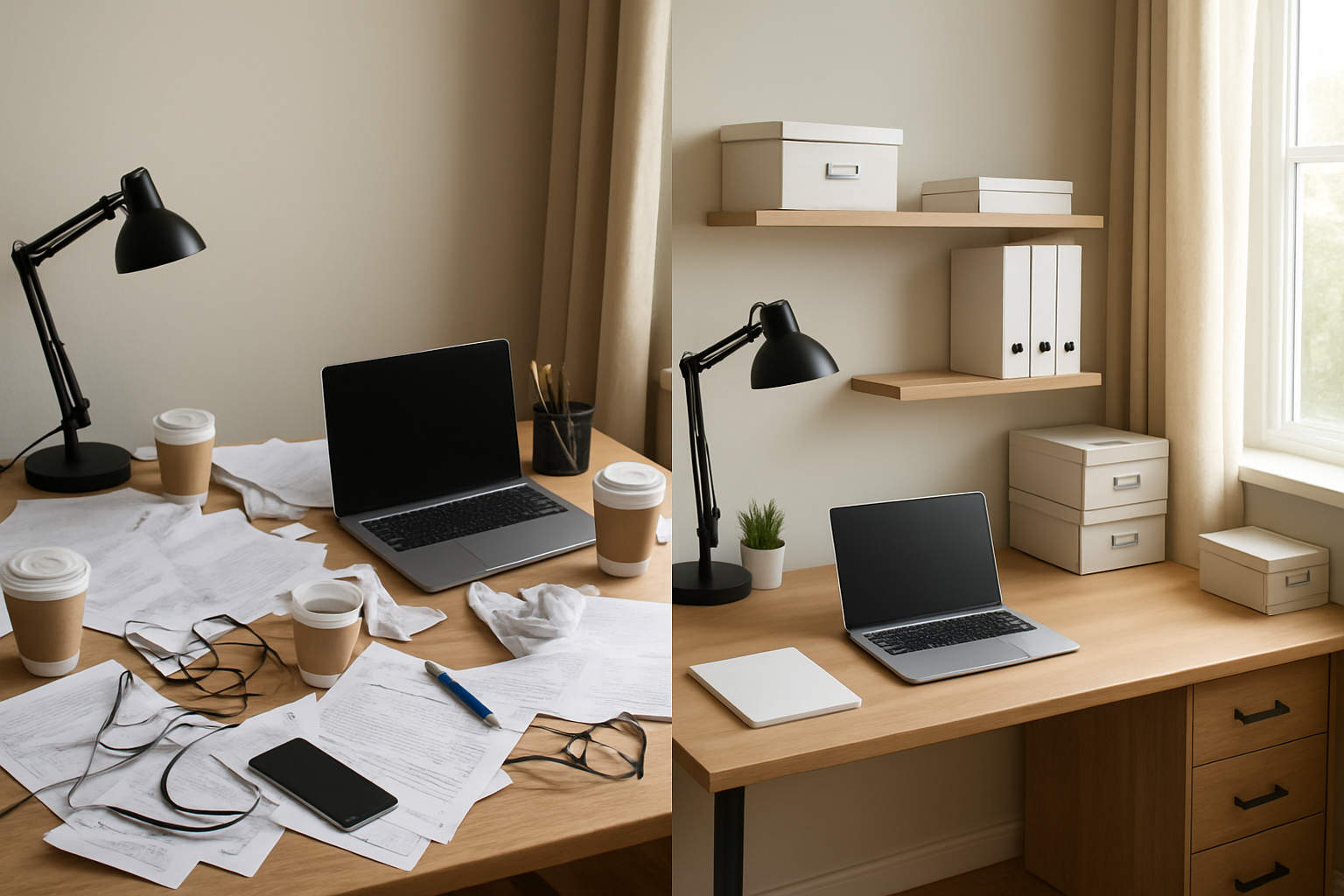 Create a realistic image of a split-scene comparison showing two home office spaces side by side, with the left side displaying a chaotic desk covered in scattered papers, multiple coffee cups, tangled cables, and random office supplies without any organization, while the right side shows the exact same desk transformed with organized filing systems, labeled storage boxes, a clean desktop with minimal items, and everything in designated places, natural daylight streaming through a window illuminating both spaces, emphasizing the contrast between disorganized clutter and systematic organization, absolutely NO text should be in the scene.