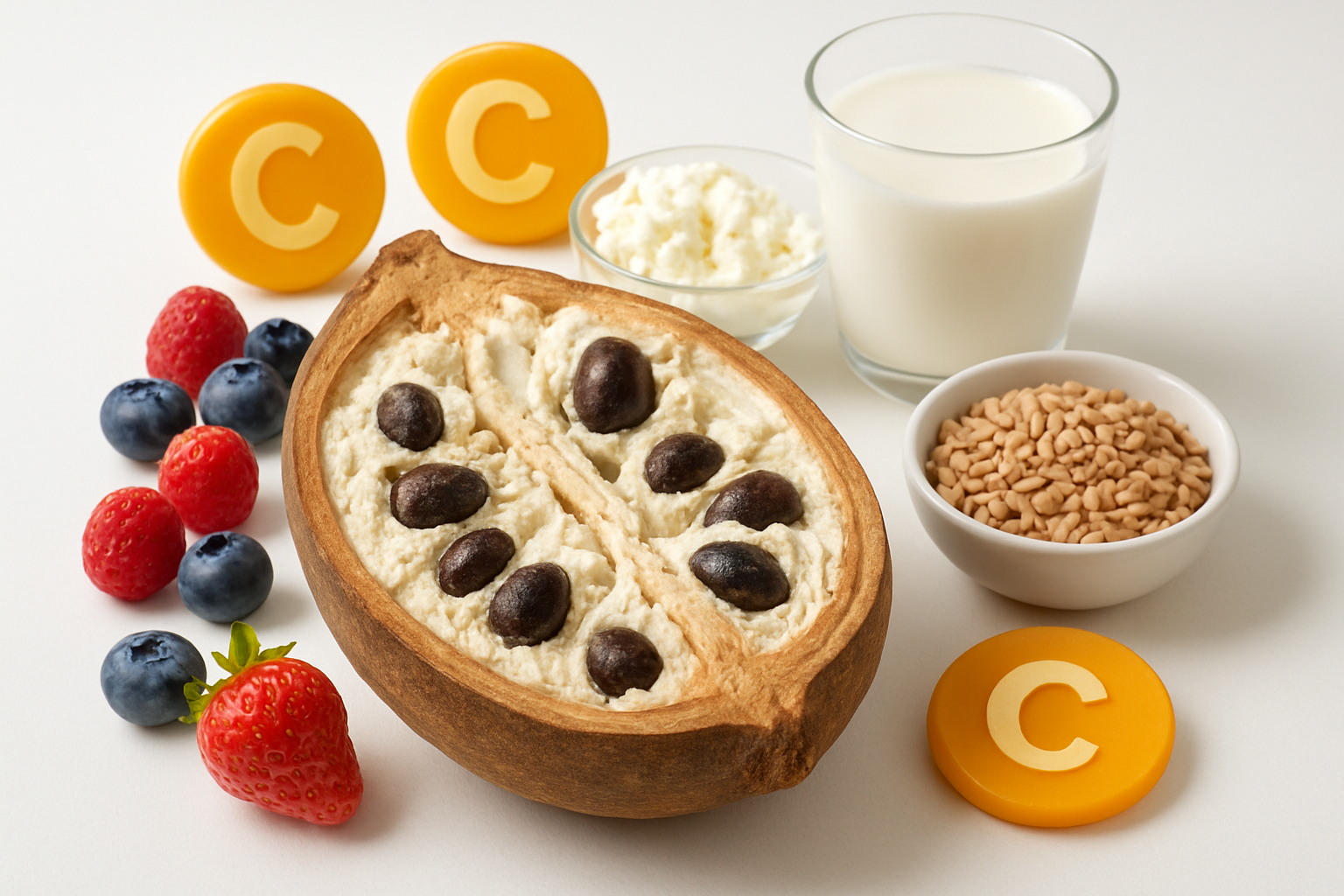 Create a realistic image of fresh baobab fruit cut in half showing the white pulp and dark seeds inside, surrounded by colorful nutritional elements like vitamin C symbols, antioxidants represented by vibrant berries, calcium shown through dairy products, and fiber illustrated with whole grains, all arranged on a clean white background with soft natural lighting that highlights the nutritional abundance and health benefits, absolutely NO text should be in the scene.