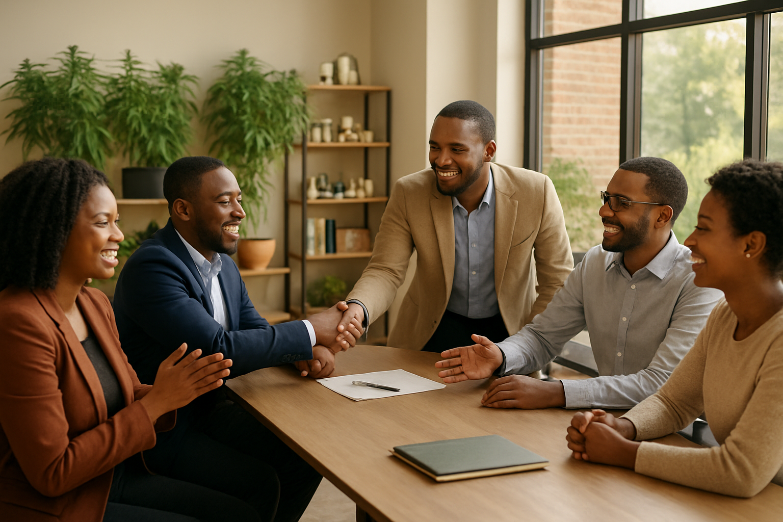 Create a realistic image of diverse Black male and female entrepreneurs and community leaders gathered around a modern conference table in a bright, professional setting, with cannabis plants and products tastefully displayed in the background, warm natural lighting streaming through large windows, handshakes and collaborative gestures showing unity and progress, with books and educational materials visible on shelves, conveying a sense of celebration, empowerment, and forward momentum in the cannabis industry, absolutely NO text should be in the scene.
