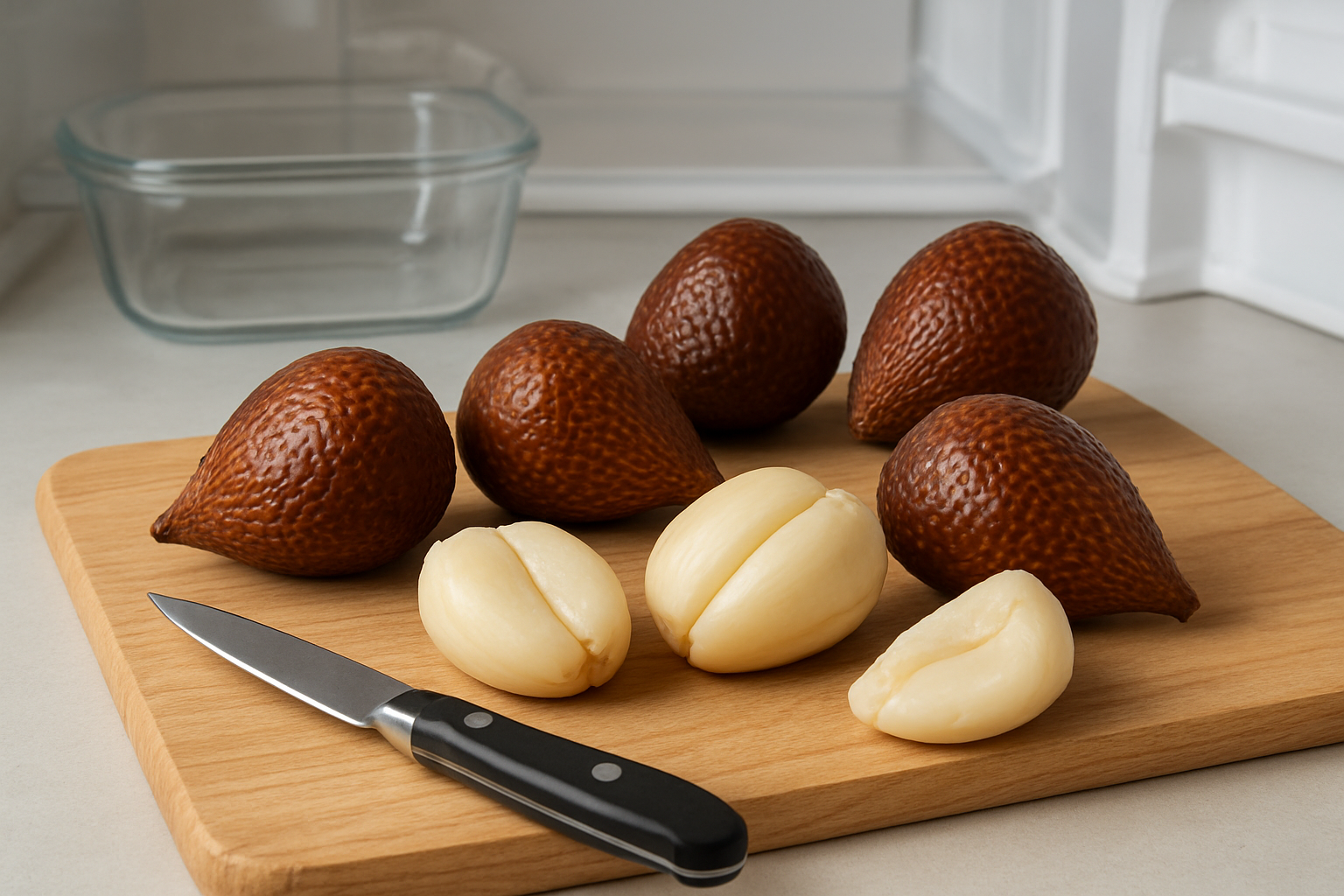 Create a realistic image of fresh salak fruits (snake fruits) with their distinctive scaly brown skin, some whole and some peeled showing the white segmented flesh inside, arranged on a wooden cutting board alongside a sharp paring knife, with glass storage containers and a refrigerator shelf visible in the background, clean kitchen counter setting with natural lighting, absolutely NO text should be in the scene.