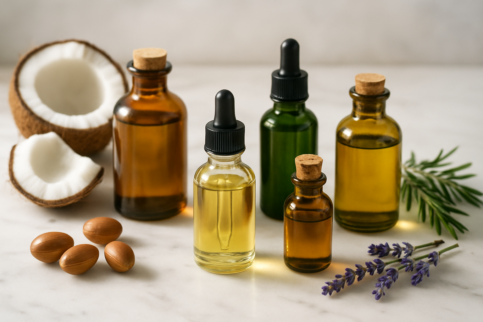 Create a realistic image of a collection of elegant glass bottles containing various hair oils in amber, clear, and dark green tones arranged on a clean white marble surface, with some bottles having dropper caps and others with cork stoppers, surrounded by natural elements like coconut halves, argan nuts, rosemary sprigs, and lavender stems, soft natural lighting from the side creating gentle shadows, warm and inviting atmosphere suggesting health and wellness, shot from a slightly elevated angle to showcase the beautiful arrangement, absolutely NO text should be in the scene.