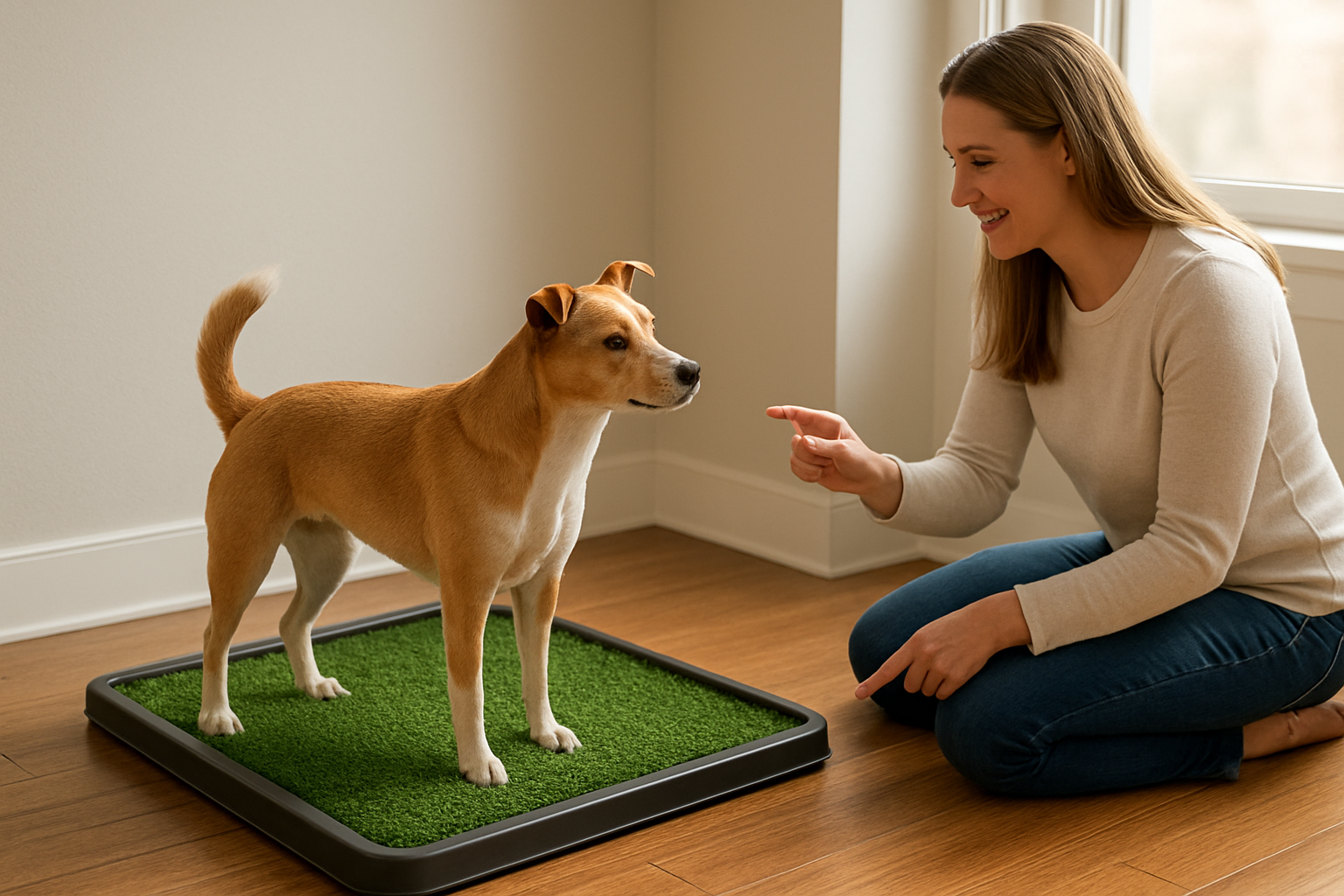 Create a realistic image of a small to medium-sized dog standing on an indoor artificial grass potty pad placed on a waterproof tray in a corner of a modern home, with a white female dog owner kneeling nearby holding training treats and pointing encouragingly toward the potty area, warm natural lighting from a nearby window, clean indoor setting with hardwood floors, the dog appearing attentive and learning, peaceful and patient training atmosphere, absolutely NO text should be in the scene.
