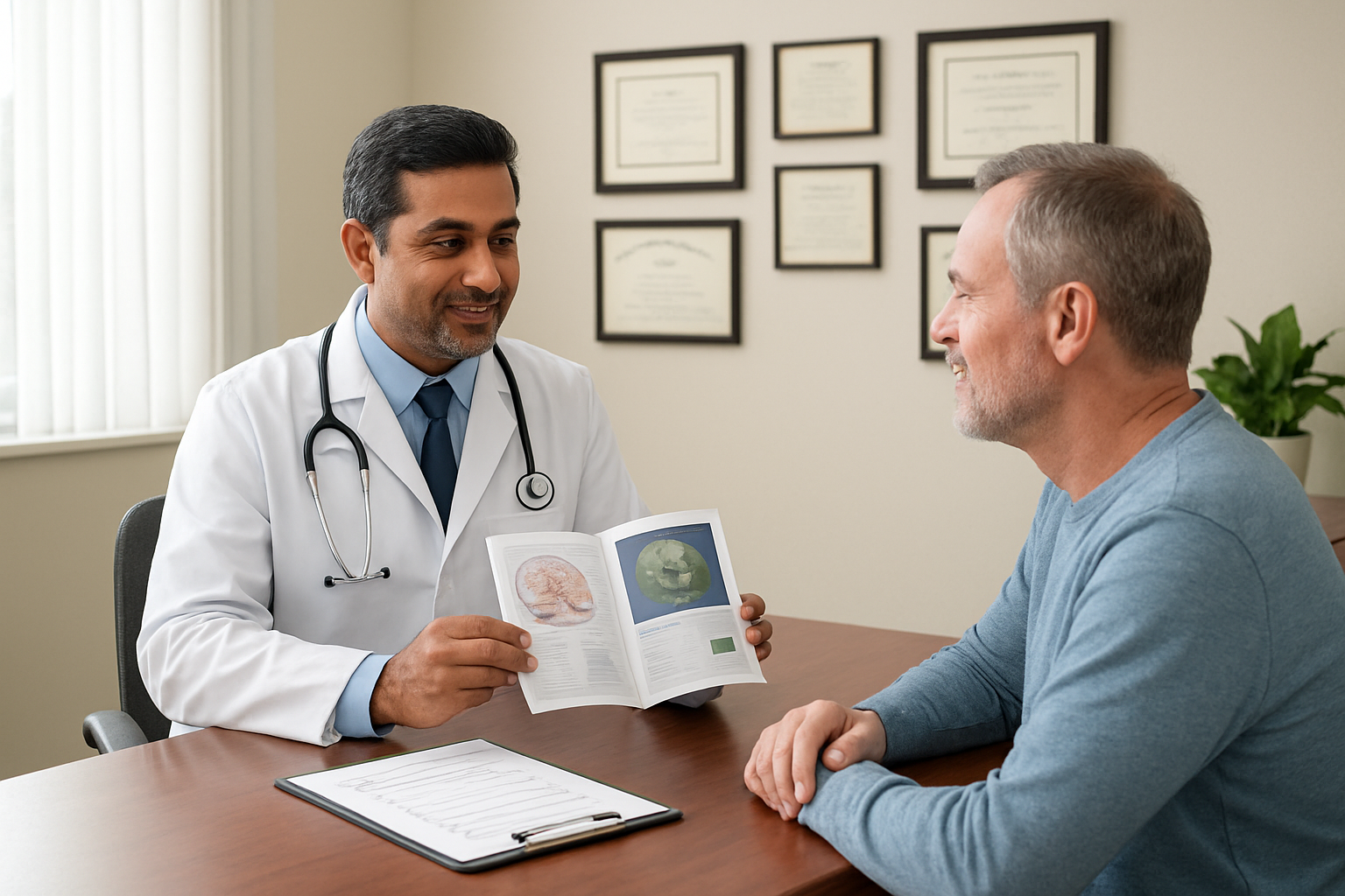 Create a realistic image of a modern, clean medical consultation room with a professional South Asian male doctor in a white coat sitting across from a middle-aged white male patient at a polished wooden desk, with the doctor showing medical brochures and certification documents, medical diplomas and certificates displayed on the wall behind them, a clipboard with evaluation checklist visible on the desk, soft natural lighting from a window, conveying a trustworthy and professional atmosphere for medical consultation, absolutely NO text should be in the scene.