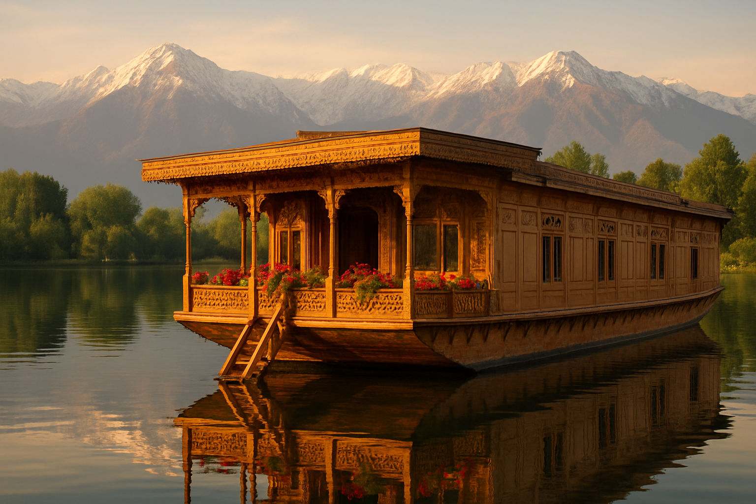 realistic image of a luxurious traditional Kashmiri houseboat floating peacefully on the calm, reflective waters of Dal Lake, surrounded by snow-capped Himalayan mountains in the background, with lush green trees lining the shore, warm golden light from the setting sun casting a soft glow over the scene, wooden carved details of the houseboat visible, vibrant flowers decorating the deck, creating an inviting and serene atmosphere that evokes comfort and luxury amidst breathtaking natural beauty. Absolutely NO text should be in the scene.