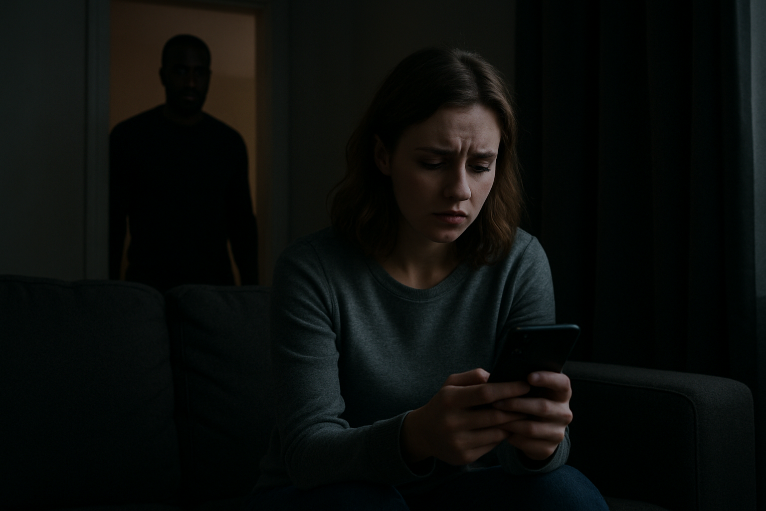Create a realistic image of a sad white female sitting alone on a couch looking down at her phone with a worried expression, while in the background through a doorway a black male figure can be seen watching her from another room, the scene has dim lighting with shadows creating an oppressive atmosphere, the woman appears isolated and confined within the living space, with closed curtains blocking natural light from windows, the overall mood conveys control and surveillance in a domestic setting, absolutely NO text should be in the scene.