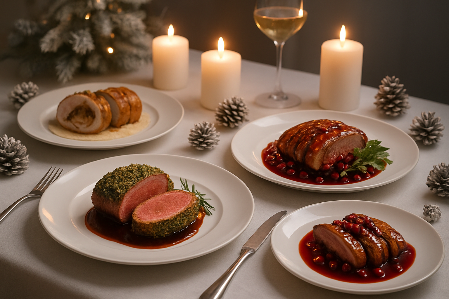 Create a realistic image of an elegant modern Christmas dinner table featuring innovative main course dishes including herb-crusted lamb, glazed duck with pomegranate, and stuffed pork tenderloin artfully plated on contemporary white dinnerware, surrounded by minimalist Christmas decorations like silver pinecones and white candles, with warm golden lighting creating an upscale holiday atmosphere, shot from a slightly elevated angle to showcase the variety of gourmet main courses, absolutely NO text should be in the scene.