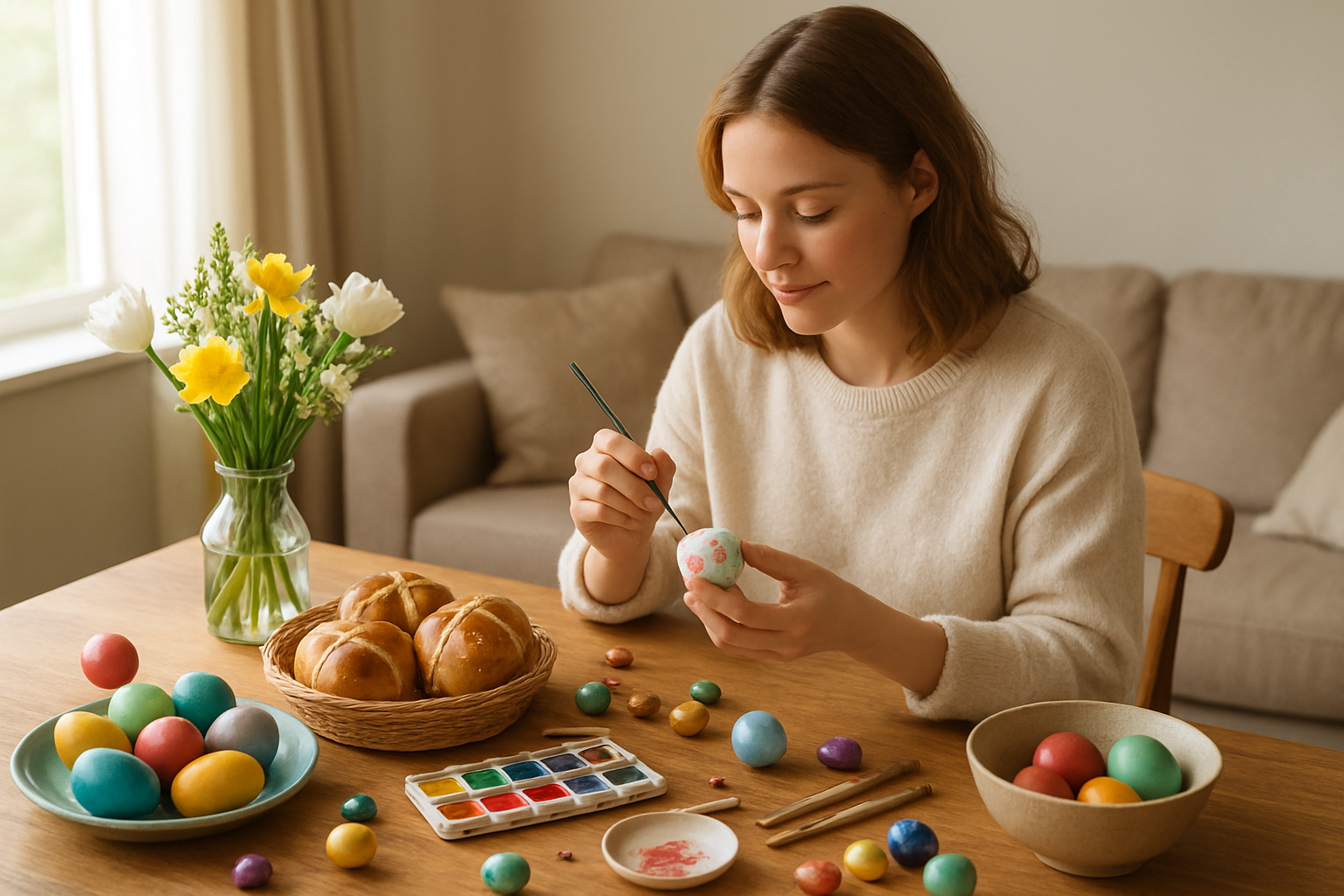 Create a realistic image of a white female sitting alone at a beautifully decorated Easter table with colorful Easter eggs, spring flowers in a vase, and traditional Easter treats like hot cross buns and chocolate eggs, engaged in painting Easter eggs with watercolors, surrounded by craft supplies including brushes and paint palettes, in a cozy living room with soft natural lighting streaming through a window, creating a peaceful and content atmosphere that conveys solitary but joyful Easter celebration activities, absolutely NO text should be in the scene.
