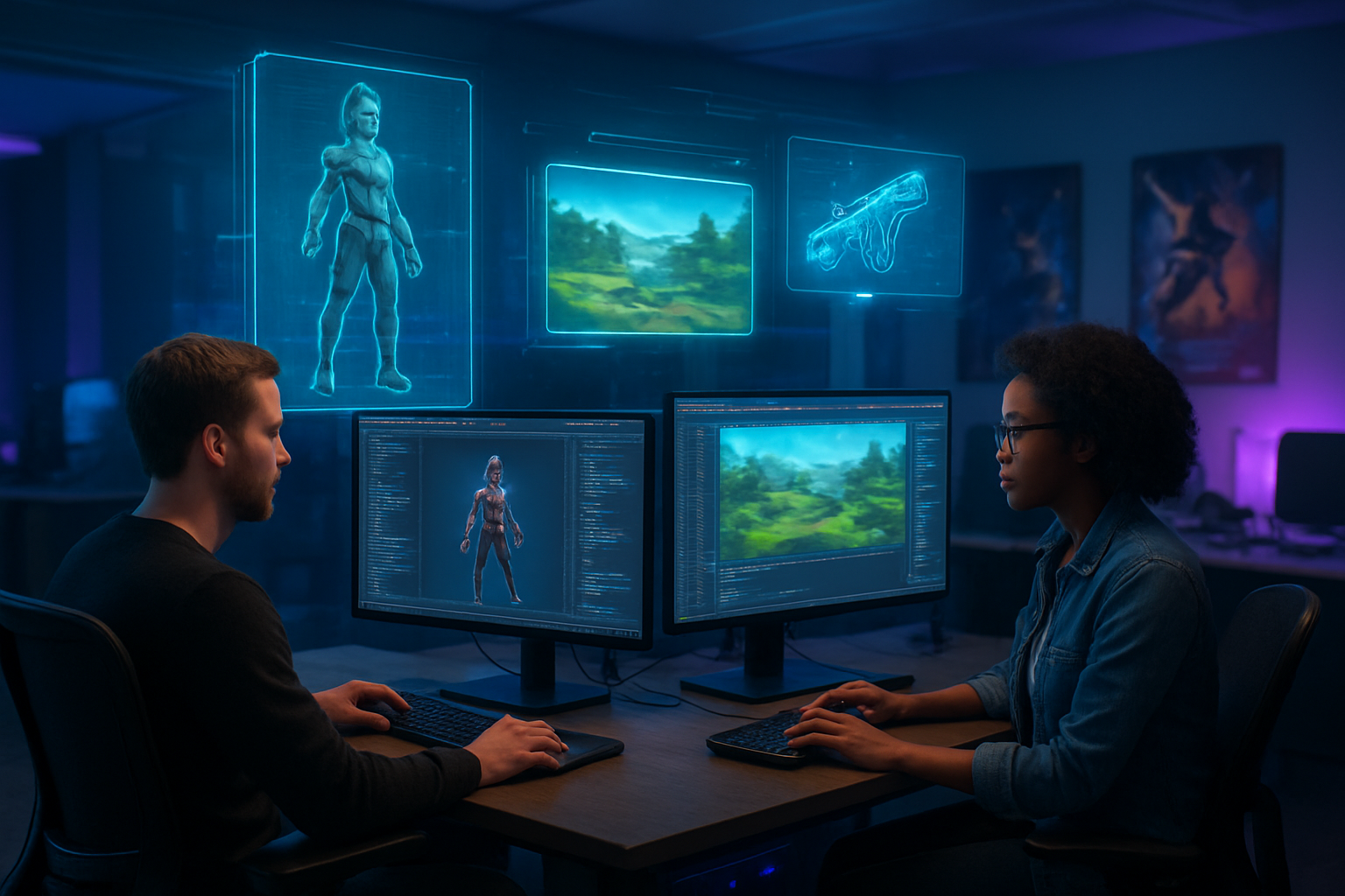 Create a realistic image of a modern game development studio showing AI-powered game creation in progress, featuring a diverse team including a white male developer and a black female designer working at multiple computer screens displaying 3D character models, procedurally generated game environments, and code interfaces, with holographic displays showing AI-generated game assets floating above their workstations, set in a sleek contemporary office with ambient blue and purple lighting, gaming posters on walls, and advanced technology equipment, capturing an innovative and futuristic atmosphere where artificial intelligence is actively assisting in creative game design processes, absolutely NO text should be in the scene.