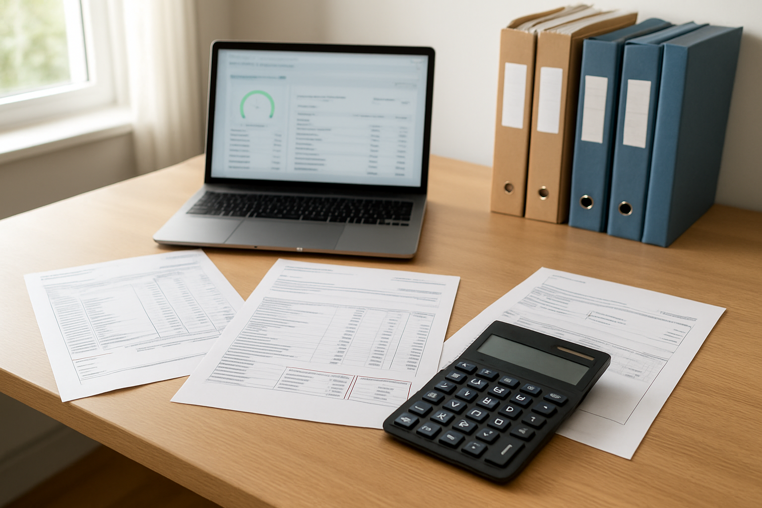 Create a realistic image of a clean, organized desk scene with financial documents spread out, showing credit card statements, bank statements, and a calculator, alongside a laptop computer displaying a credit monitoring dashboard, with a neat filing system and folders labeled for different accounts in the background, all arranged in a well-lit home office environment with natural lighting from a window, conveying a sense of organization and financial responsibility. Absolutely NO text should be in the scene.