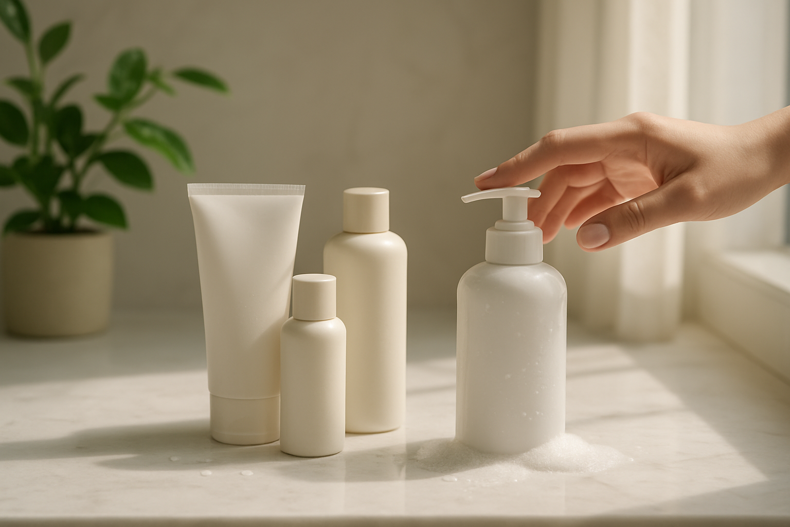 Create a realistic image of a clean, minimalist bathroom countertop scene featuring multiple elegant face wash bottles and tubes arranged in a neat display, with one pump bottle being gently pressed by a female hand with well-manicured nails, soft natural lighting streaming through a window creating gentle shadows, fresh green plants in the background, marble or white quartz countertop surface, droplets of water and gentle foam visible near the products, serene spa-like atmosphere with neutral tones of white, cream, and soft green, absolutely NO text should be in the scene.