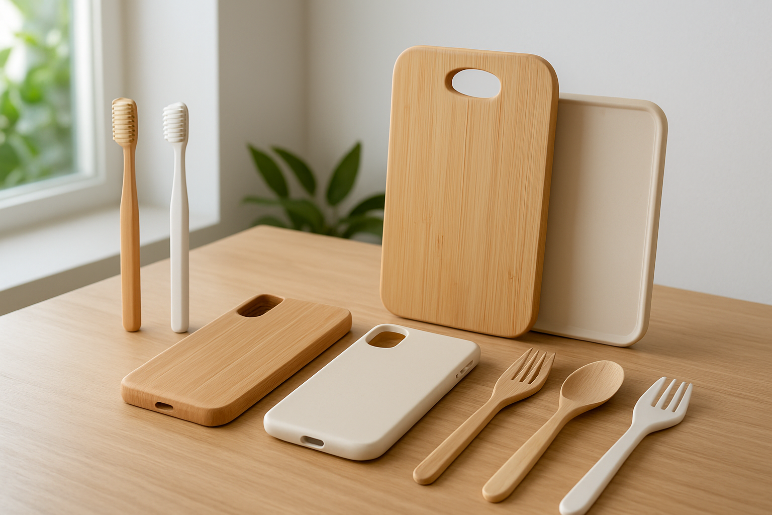 Create a realistic image of various high-quality bamboo products arranged on a modern wooden table including bamboo toothbrushes, cutting boards, phone cases, and utensils alongside their plastic or traditional counterparts for comparison, with soft natural lighting from a window, clean minimalist background with green plants visible, showcasing the sleek design and durability of bamboo alternatives, absolutely NO text should be in the scene.