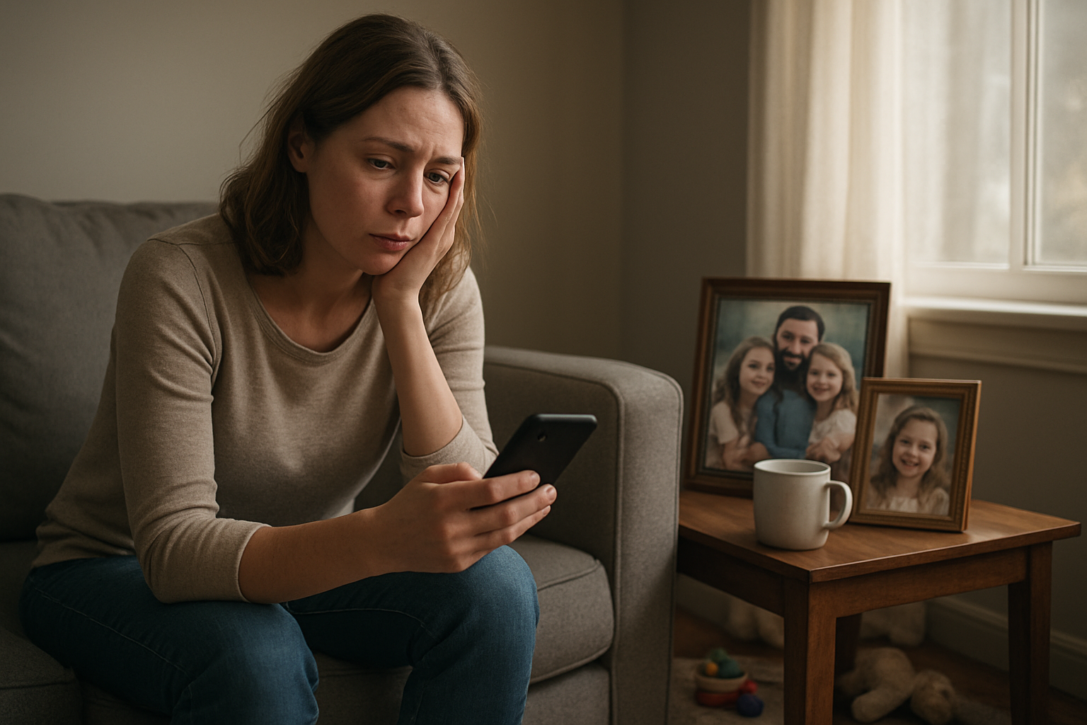 Create a realistic image of a white female mother sitting on a couch looking contemplative while holding her phone, with family photos on a side table showing happier times, soft natural lighting streaming through a window, creating a melancholic yet hopeful atmosphere that conveys the complex emotions of changing relationships during motherhood, with scattered toys on the floor and a coffee cup nearby suggesting the reality of daily life, absolutely NO text should be in the scene.