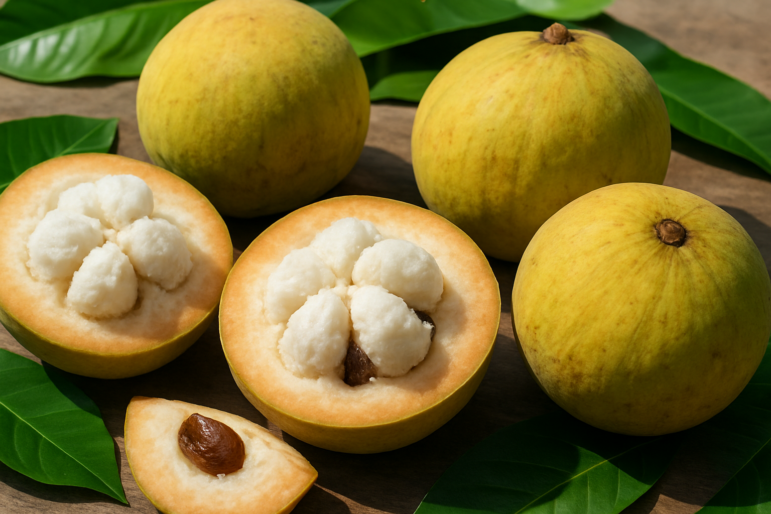 Create a realistic image of a close-up view of fresh santol fruits displaying their unique characteristics, showing whole round fruits with their distinctive yellowish-green thick skin alongside cut-open fruits revealing the white cottony flesh and dark seeds inside, arranged on a natural wooden surface with tropical green leaves scattered around, shot in bright natural daylight with soft shadows to highlight the fruit's unique texture and appearance. Absolutely NO text should be in the scene.