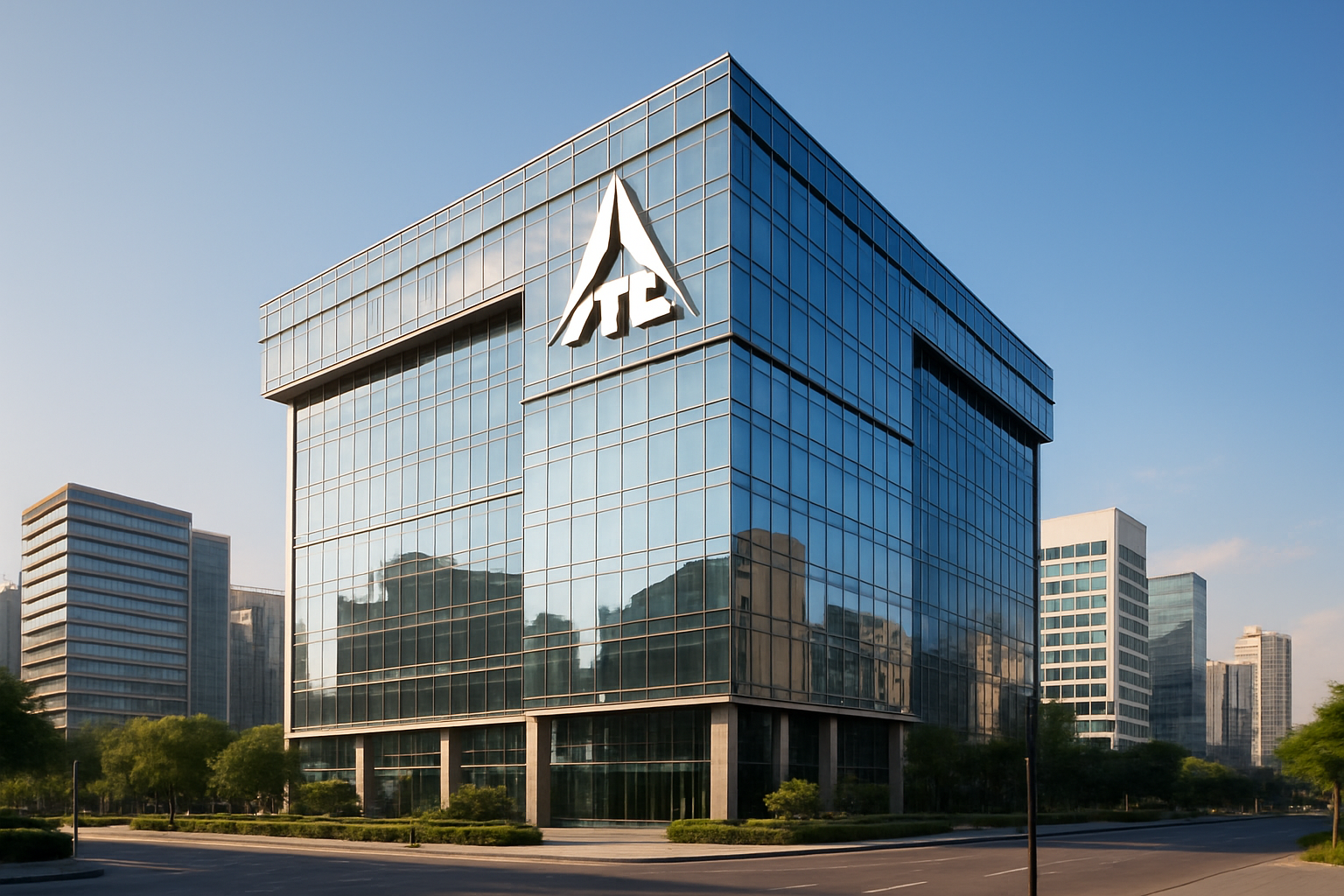 Create a realistic image of ITC Limited's corporate headquarters building in Kolkata with modern glass architecture, featuring the company's distinctive logo prominently displayed on the building facade, surrounded by urban commercial district with clear blue sky, professional business atmosphere with warm natural lighting during daytime, clean corporate environment representing India's leading FMCG and tobacco conglomerate, absolutely NO text should be in the scene.