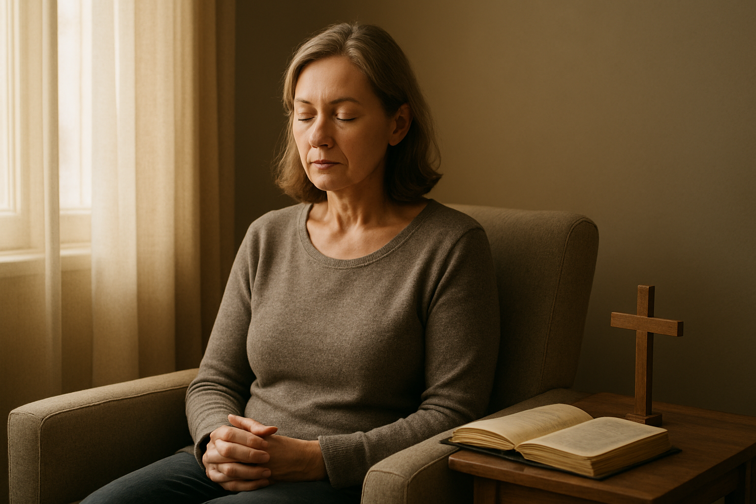 Create a realistic image of a peaceful indoor setting with a middle-aged white female sitting in a comfortable chair near a window with soft natural light streaming in, her hands folded in her lap in a contemplative pose, eyes gently closed in quiet reflection, surrounded by a serene atmosphere with a small wooden table nearby holding an open journal and a simple cross, warm golden lighting creating a tranquil mood perfect for spiritual introspection and self-examination, absolutely NO text should be in the scene.