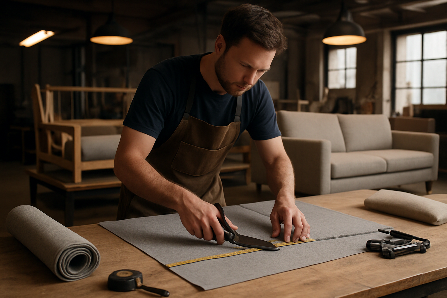 Create a realistic image of a modern furniture design workshop showing the custom sofa manufacturing process, featuring a skilled white male craftsman in work attire carefully measuring and cutting premium fabric materials on a large work table, with modern sofa frames and cushions in various stages of completion visible in the background, professional tools like measuring tape, fabric scissors, and upholstery equipment scattered on the workspace, warm industrial lighting illuminating the scene, creating a professional and creative atmosphere that showcases attention to detail and quality craftsmanship, absolutely NO text should be in the scene.